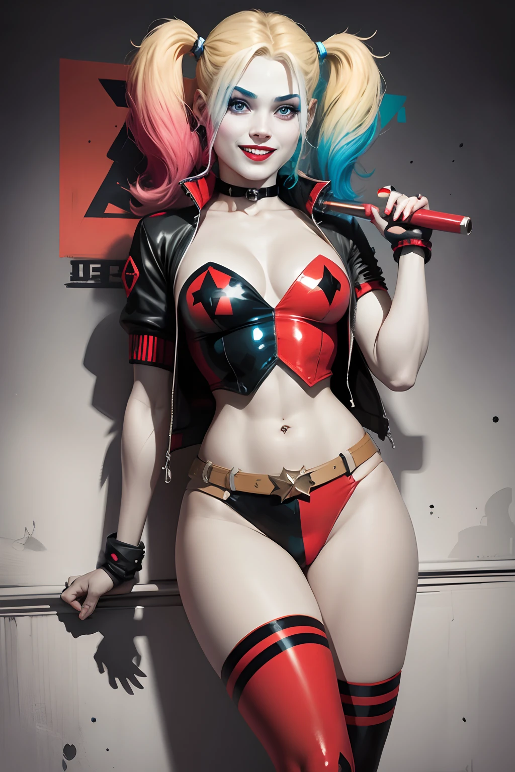 harley quinn, 17 anos, cabelo grande, taco de beisebo