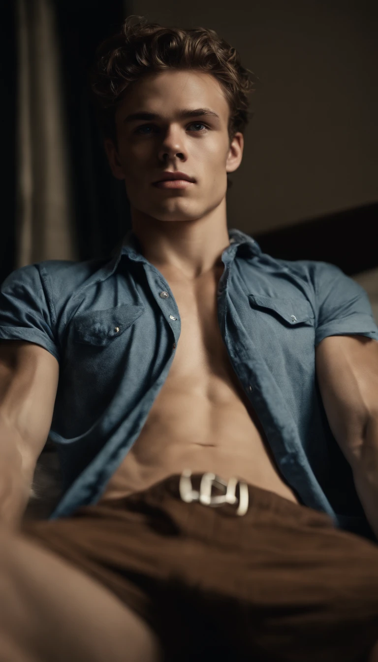 ultra highest detailed face, dark portrait of a handsome guy, 16 years old, shirtless, barechest, without beard, with dark messy wavy hair, super light blue eyes, pale white skin, light eyes, white eyes, thick lips, defined muscles, fit, ripped body, full body shot, nighttime, darmatic lighting, dim light, tight short boxer-briefs, tight underwear, briefs, tight, lay on his back on bed, legs open