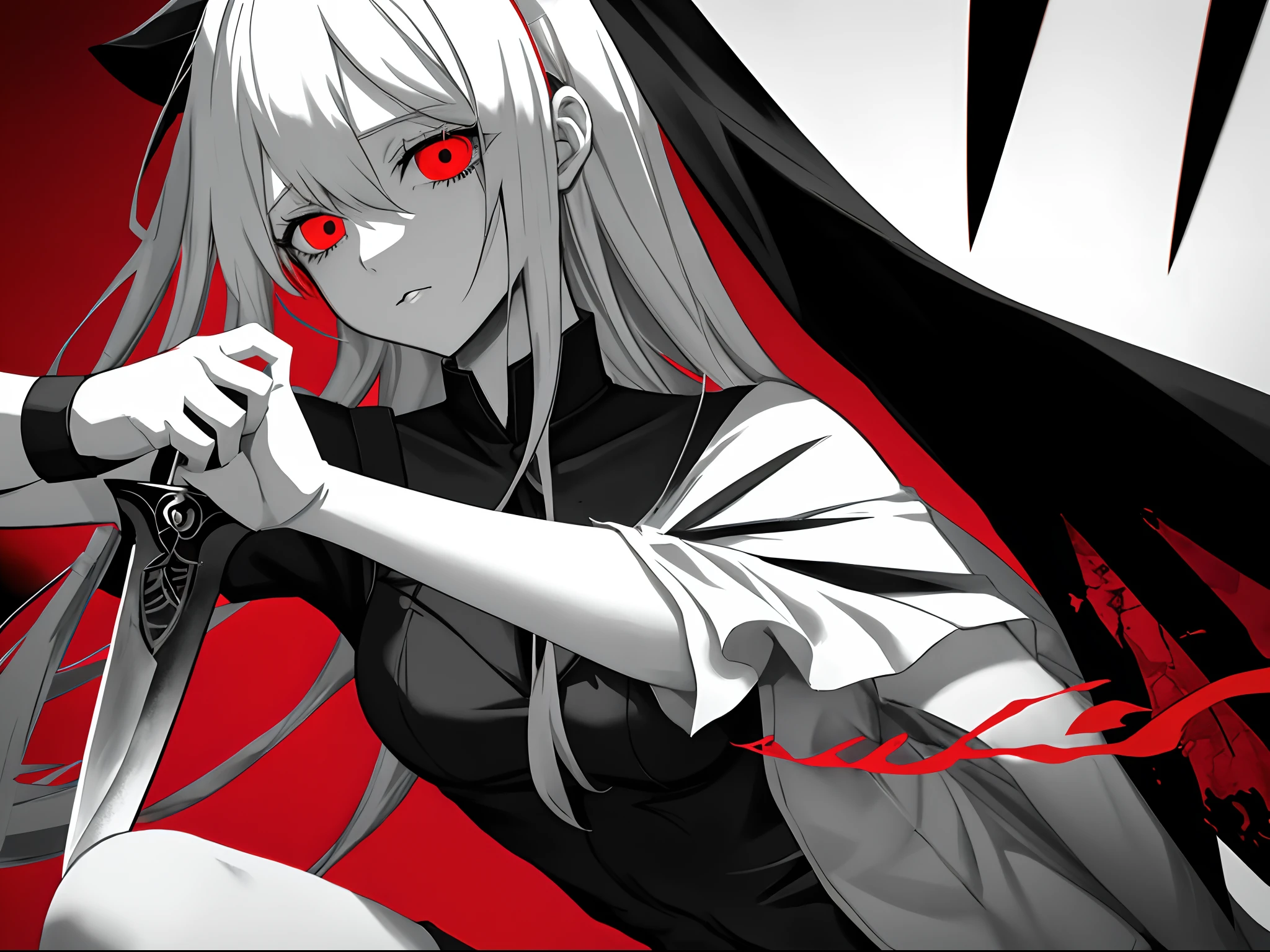 Cartoon of a woman with a knife in her hand, gapmoe Yandere grimdark, gapmoe Yandere, yume nikki, monochrome and red color bleed, slender girl, Yandere, 2 b, 2b, author：Ei-Q, [ conceptual art ]!!, yandere intricate, hime-cut, she is holding a sword