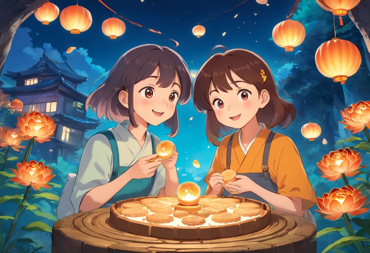 The whole family eats mooncakes together during the Mid-Autumn Festival,Mom and dad laugh with their daughter,Cartoon pictures Normal background,natta,Big Moon Beautiful artwork illustration, Colorful illustration, colorful kids book illustration, Colorful illustrations, archan nair, painting illustration, fairy-tale illustration style, editorial illustration colorful, colorful concept art, dreamlike illustration, Colorful! Character design, Wonderful illustrations, illustrated in whimsical style, Exquisite digital illustration