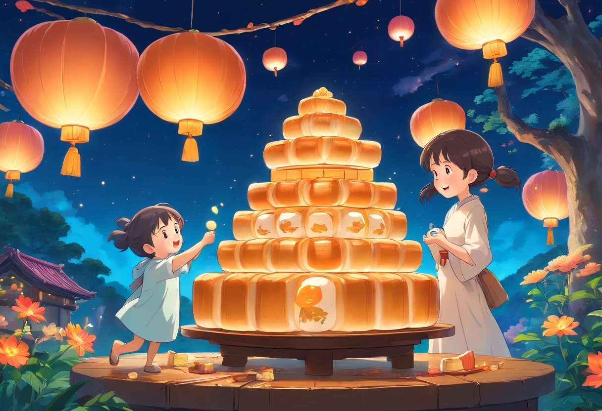 The whole family eats mooncakes together during the Mid-Autumn Festival,Mom and dad laugh with their daughter,Cartoon pictures Normal background,natta,Big Moon Beautiful artwork illustration, Colorful illustration, colorful kids book illustration, Colorful illustrations, archan nair, painting illustration, fairy-tale illustration style, editorial illustration colorful, colorful concept art, dreamlike illustration, Colorful! Character design, Wonderful illustrations, illustrated in whimsical style, Exquisite digital illustration
