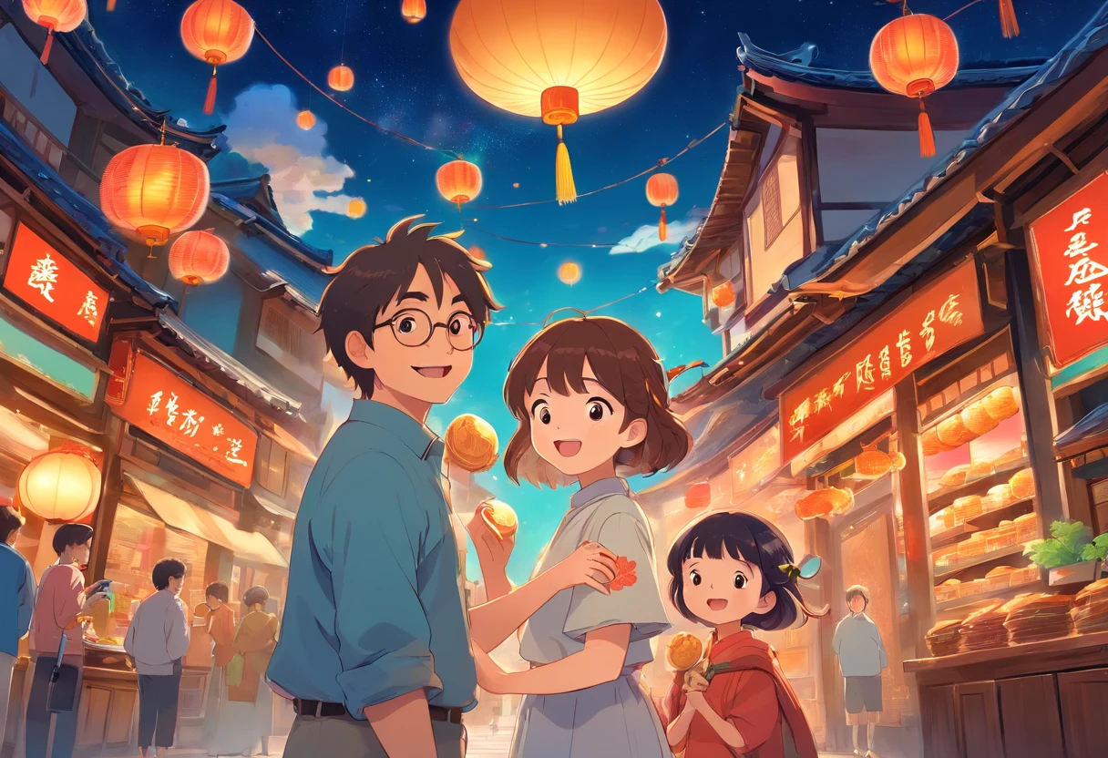 The whole family eats mooncakes together during the Mid-Autumn Festival,Mom and dad laugh with their daughter,Cartoon pictures Normal background,natta,Big Moon Beautiful artwork illustration, Colorful illustration, colorful kids book illustration, Colorful illustrations, archan nair, painting illustration, fairy-tale illustration style, editorial illustration colorful, colorful concept art, dreamlike illustration, Colorful! Character design, Wonderful illustrations, illustrated in whimsical style, Exquisite digital illustration