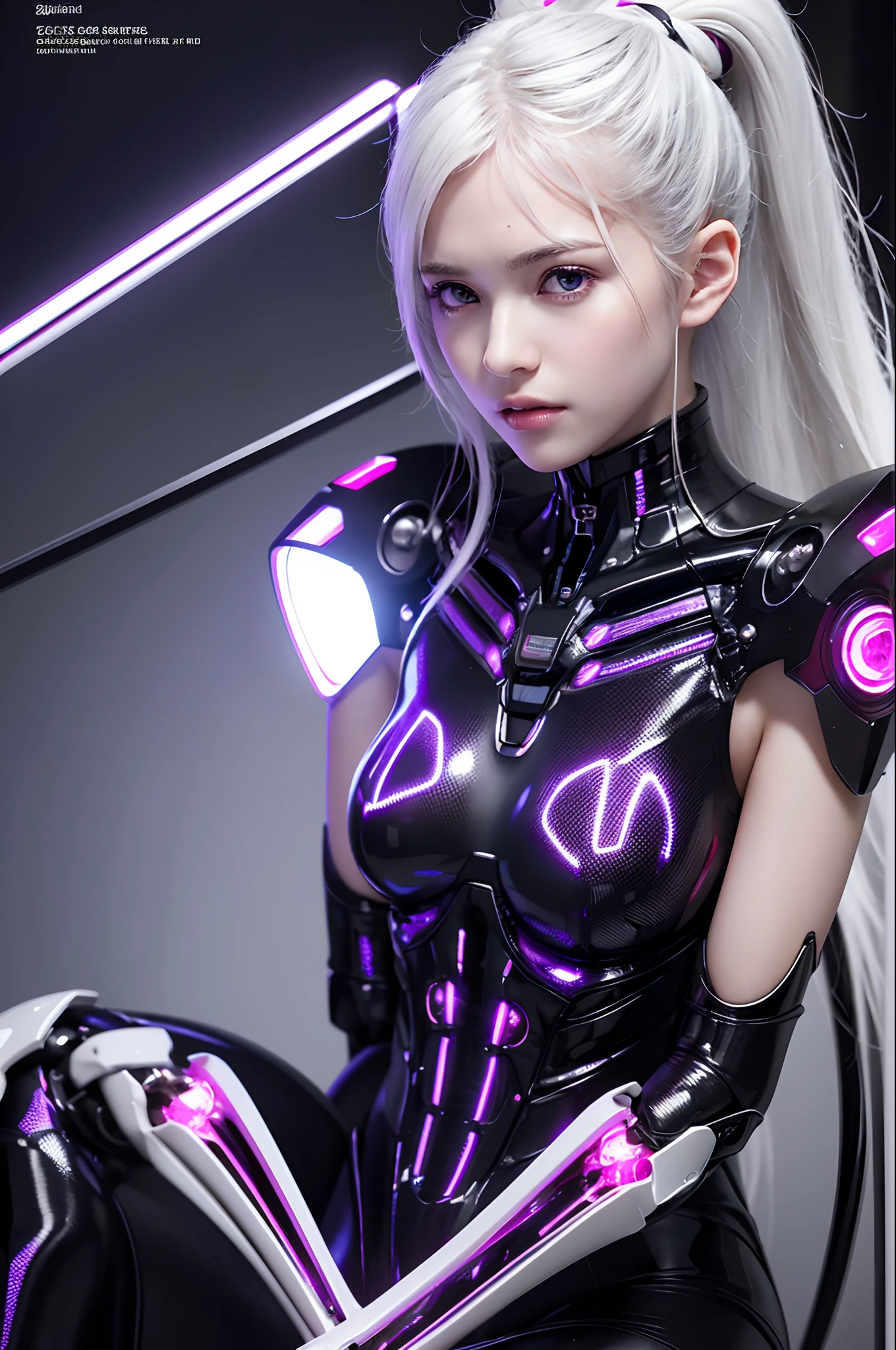 Top Quality, Masterpiece, Ultra High Resolution, (Photorealistic: 1.4), Raw Photo, 1 Girl, White Hair, Glossy Skin, 1 Mechanical Girl, (Ultra Realistic Details)), Portrait, Global Illumination, Shadows, Octane Rendering, 8K, Ultra Sharp, Big, Cleavage Exposed Raw Skin, Metal, Intricate Ornament Details, Cold Color, Egyptian details, very intricate details, realistic light, CGSoation trend, purple eyes, glowing eyes, facing the camera, neon details, mechanical limbs, blood vessels connected to tubes, mechanical vertebrae attached to the back, mechanical cervical attachment to the neck, sitting, wires and cables connecting to the head, evangelion, small LED lamp,