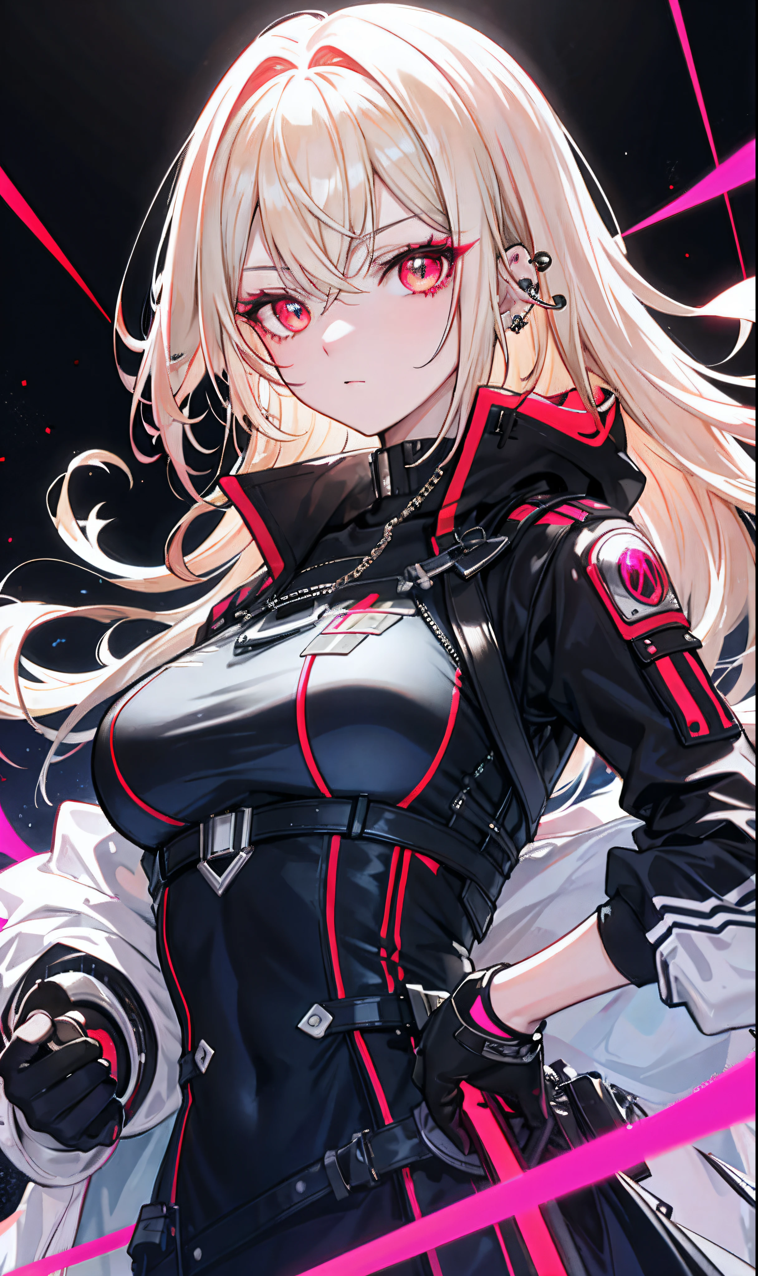 (tmasterpiece,Sideslit,Beautiful eyes:1.2),(tmasterpiece*sportrait),sportrait,busts,(busts),Lifelike,Anatomical correct,3D脸,luscious skin,(Solo),Blonde hair and pickaxe dyeing,Gradient hair,(closeup of face),Lovely face,(Fire opal-like scarlet eyes),Hanging eye corners,((highdetailskin,Visible pores)),(Perfect body),Beautiful cyberpunk girl,little breast,(()),((Storm jacket)),(ear studs),(Neck strap),very short gloves,(chain),A knife hanging from his chest,(Laser material clothing:1.2)