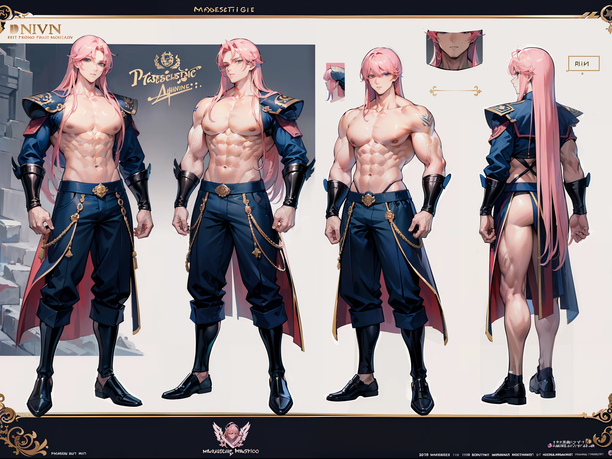 ((Masterpiece, Highest quality)), Detailed face, character design sheet, full bodyesbian, Full of details, frontal body view, back body view, Highly detailed, Depth, Many parts, Muscle boy with long pink hair with long bangs,handsome man, muscle body, navy, commander, man tall, pectoral muscles, abs