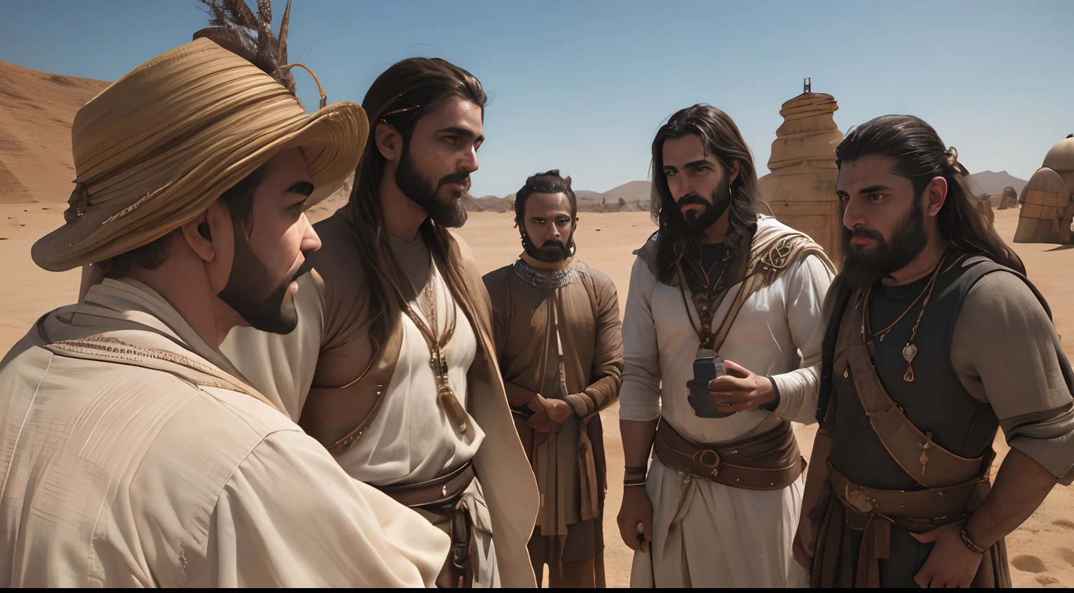 many men, fotografia, retrato biblico de moises conversando com muitos homens da sua tribo em duna, com moises no centro do circulo, muitos homens a volta, deserto, barba, trajes biblicos, realista, absurdos, detalhado,