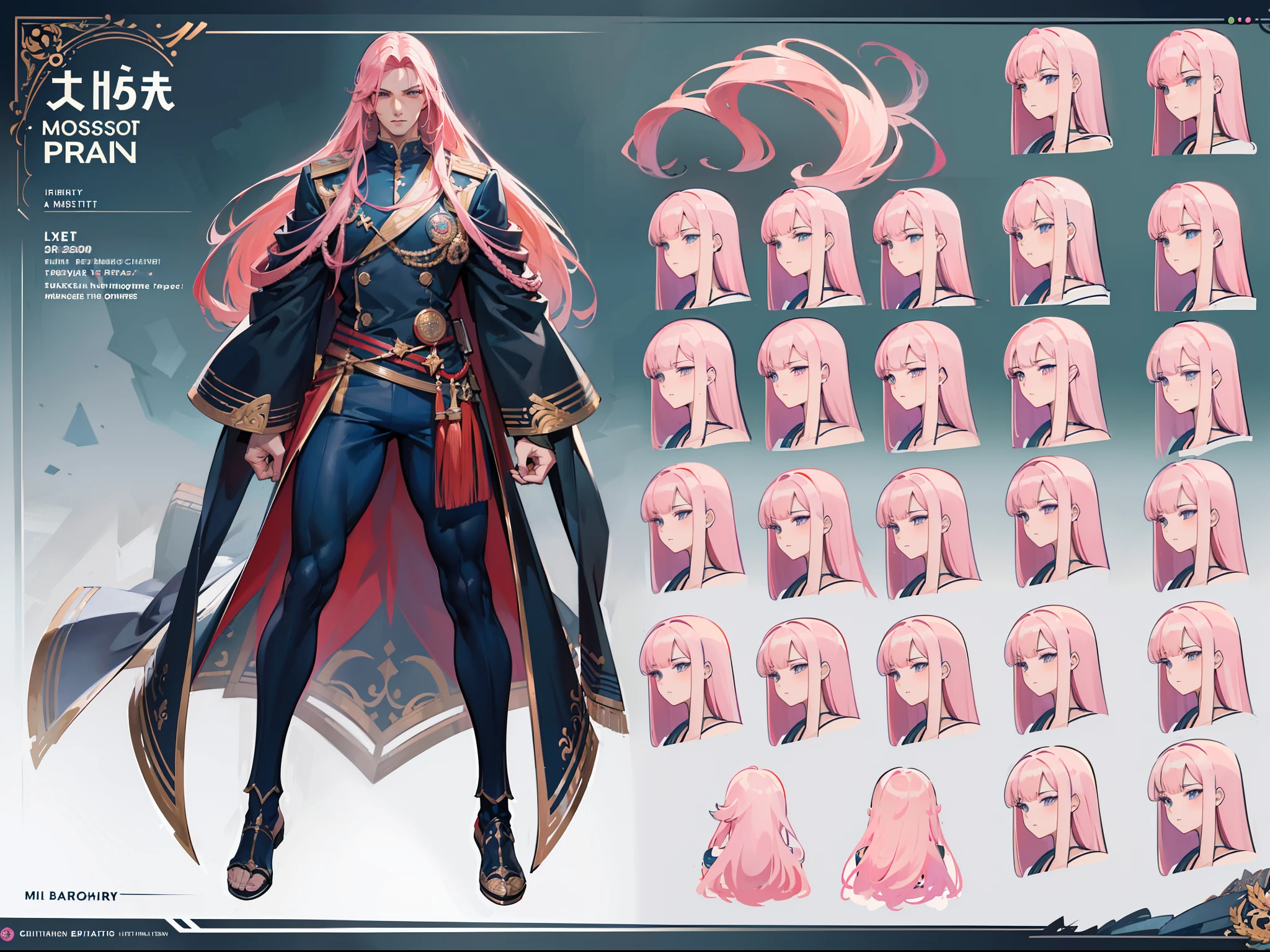 ((Masterpiece, Highest quality)), Detailed face, character design sheet， full bodyesbian, Full of details, frontal body view, back body view, Highly detailed, Depth, Many parts, Muscle boy with long pink hair，handsome man, muscle body, navy, commander, man tall, pectoral muscles, abs