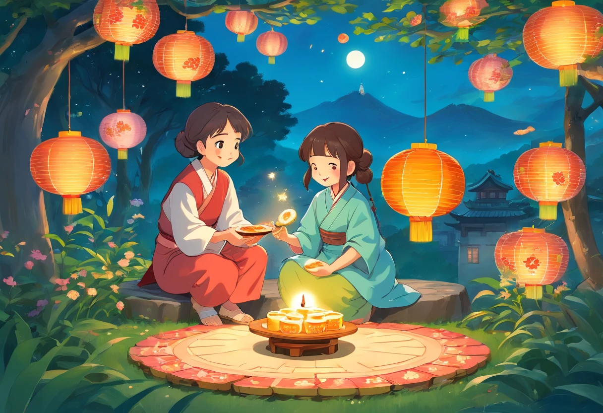 Eat mooncakes together during the Mid-Autumn Festival,In the garden,colorful lanterns,Mid-Autumn Festival,full moon,Cartoon pictures Normal background, A beautiful artwork illustration, Colorful illustration, colorful kids book illustration, Cosy family,Mom and dad and a daughter,Colorful illustrations, archan nair, painting illustration, fairy-tale illustration style, editorial illustration colorful, colorful concept art, dreamlike illustration, Colorful! Character design, Wonderful illustrations, illustrated in whimsical style, Exquisite digital illustration