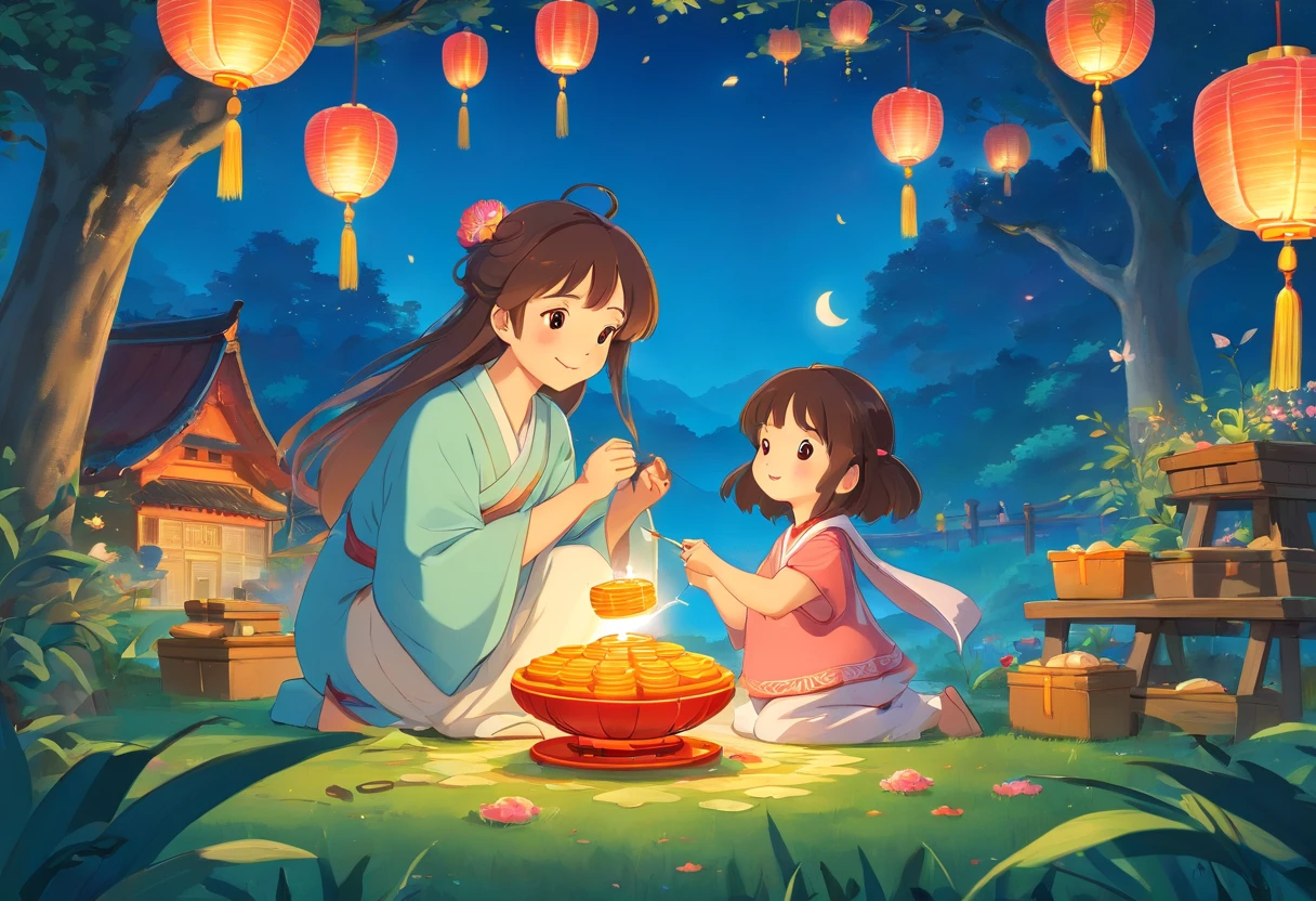 Eat mooncakes together during the Mid-Autumn Festival,In the garden,colorful lanterns,Mid-Autumn Festival,full moon,Cartoon pictures Normal background, A beautiful artwork illustration, Colorful illustration, colorful kids book illustration, Cosy family,Mom and dad and a daughter,Colorful illustrations, archan nair, painting illustration, fairy-tale illustration style, editorial illustration colorful, colorful concept art, dreamlike illustration, Colorful! Character design, Wonderful illustrations, illustrated in whimsical style, Exquisite digital illustration