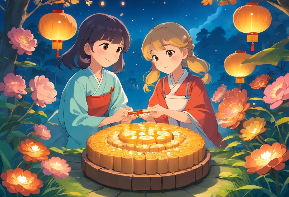 Eat mooncakes together during the Mid-Autumn Festival，In the garden，colorful lanterns，Mid-Autumn Festival，full moon，Cartoon pictures Normal background, A beautiful artwork illustration, Colorful illustration, colorful kids book illustration, Cosy family，Mom and dad and a daughter，Colorful illustrations, archan nair, painting illustration, fairy-tale illustration style, editorial illustration colorful, colorful concept art, dreamlike illustration, Colorful! Character design, Wonderful illustrations, illustrated in whimsical style, Exquisite digital illustration