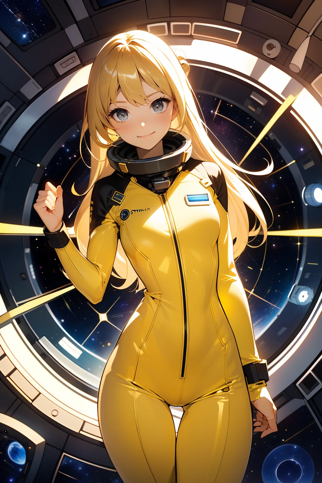 (masterpiece, best quality:1.2), (cowboy shot:1.1), solo, 1girl, mori yuki, slight smile, closed mouth, looking at viewer, blonde hair, thigh gap, yellow bodysuit, skin-tight, perfect body, belt, large window, (starship porthole:1.3), from front, (spread legs:1.3), (standing:1.1), thigh gap, perfect hands, bright starship interior, (outer space view:1.1), (orbital view:1.3), (night, stary sky:1.5), milky way