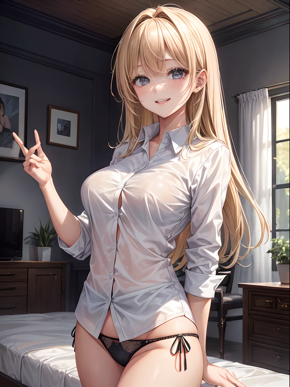 top-quality、Full limbs、complete fingers、One beautiful woman、Beautiful Large Breasts、((straight haired、blondehair))、((White collared shirt、Ha is just、Black panties))、A big smile、Living room at home、is standing、sexypose