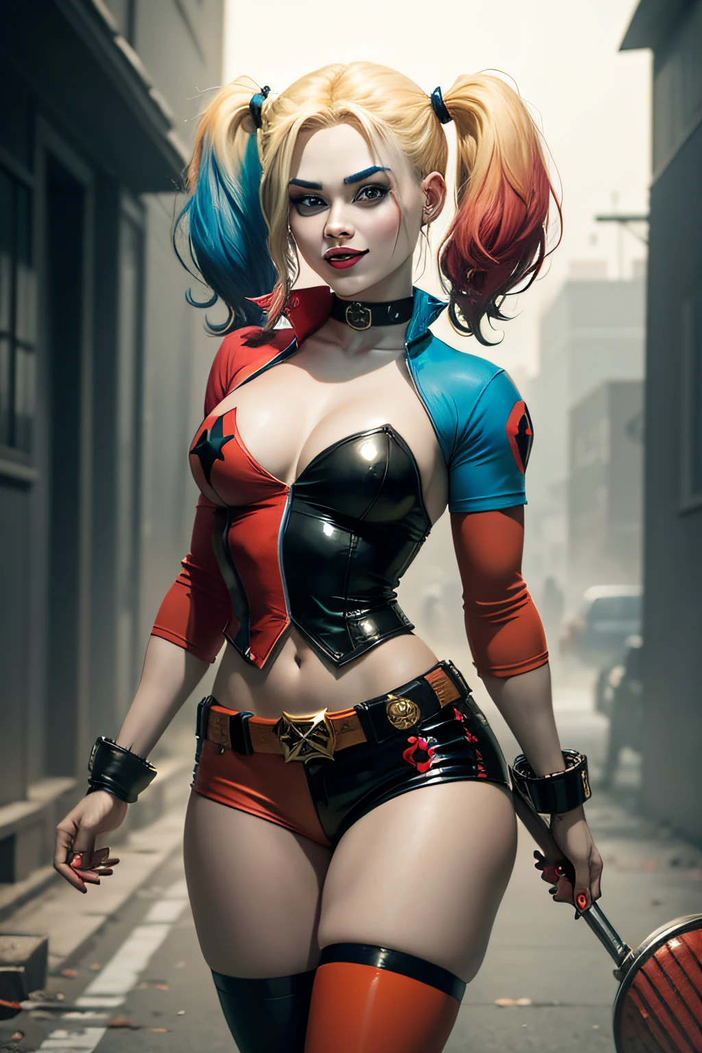 harley quinn, *******, cabelo grande, taco de beisebol, fogo e caos