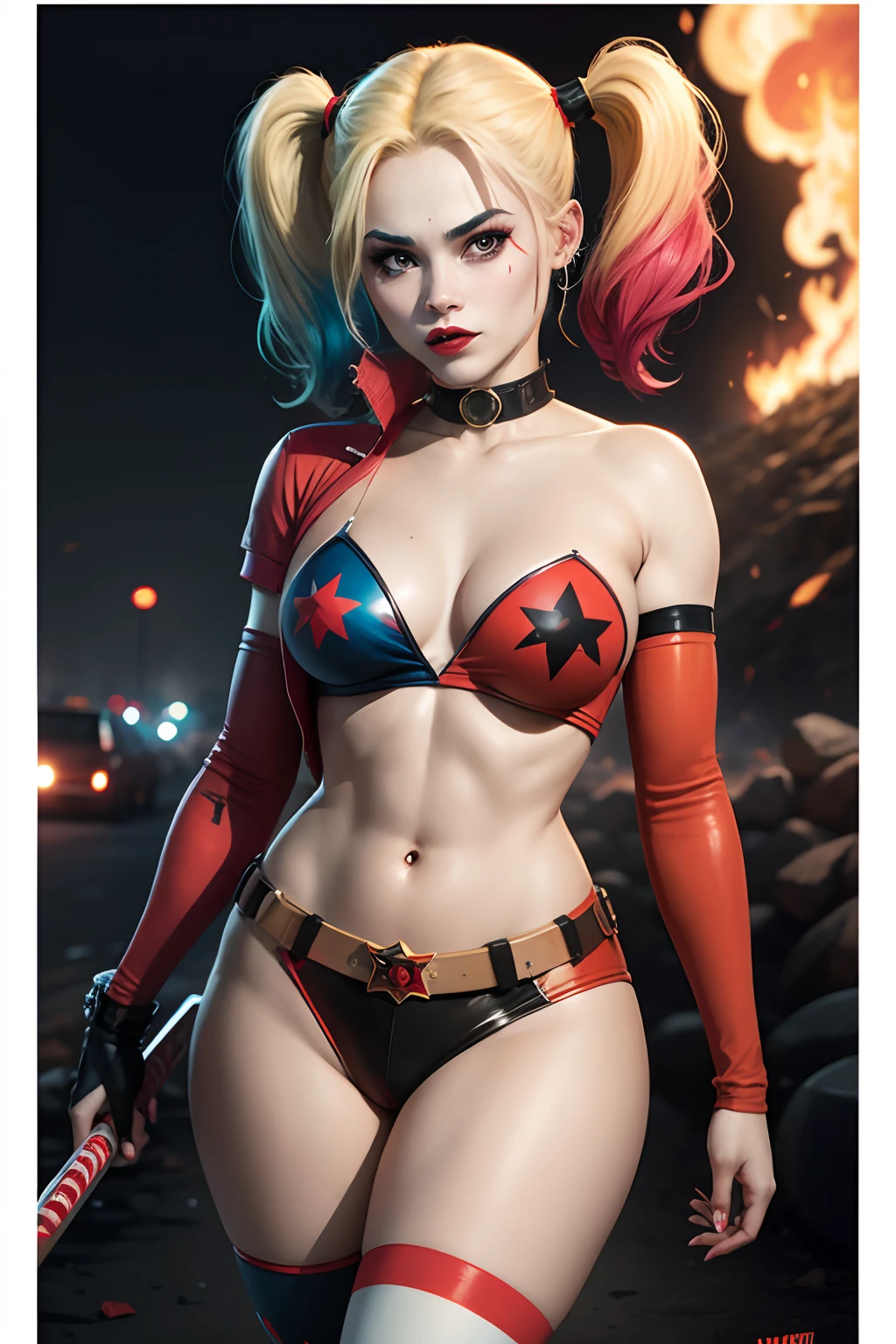 harley quinn, , cabelo grande, taco de beisebol, fogo e caos