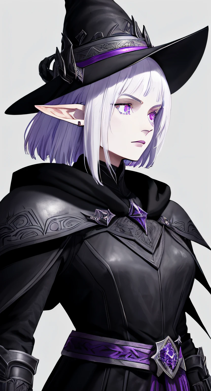 Female, Elf, Warrior, Heavy Leather Armor, Metalic Details, Intricate Details, Pale Skin, Pointy Ear, Short White Hair, Purple Pupils, Light Purple Skin, Black Mage Hat, Pointy Hat, Black Sword, Full Armor, Heavy Armor, Leather Armor, Black Robes, Warrior Vests, Black Cloth, Drow, Dark Elf
