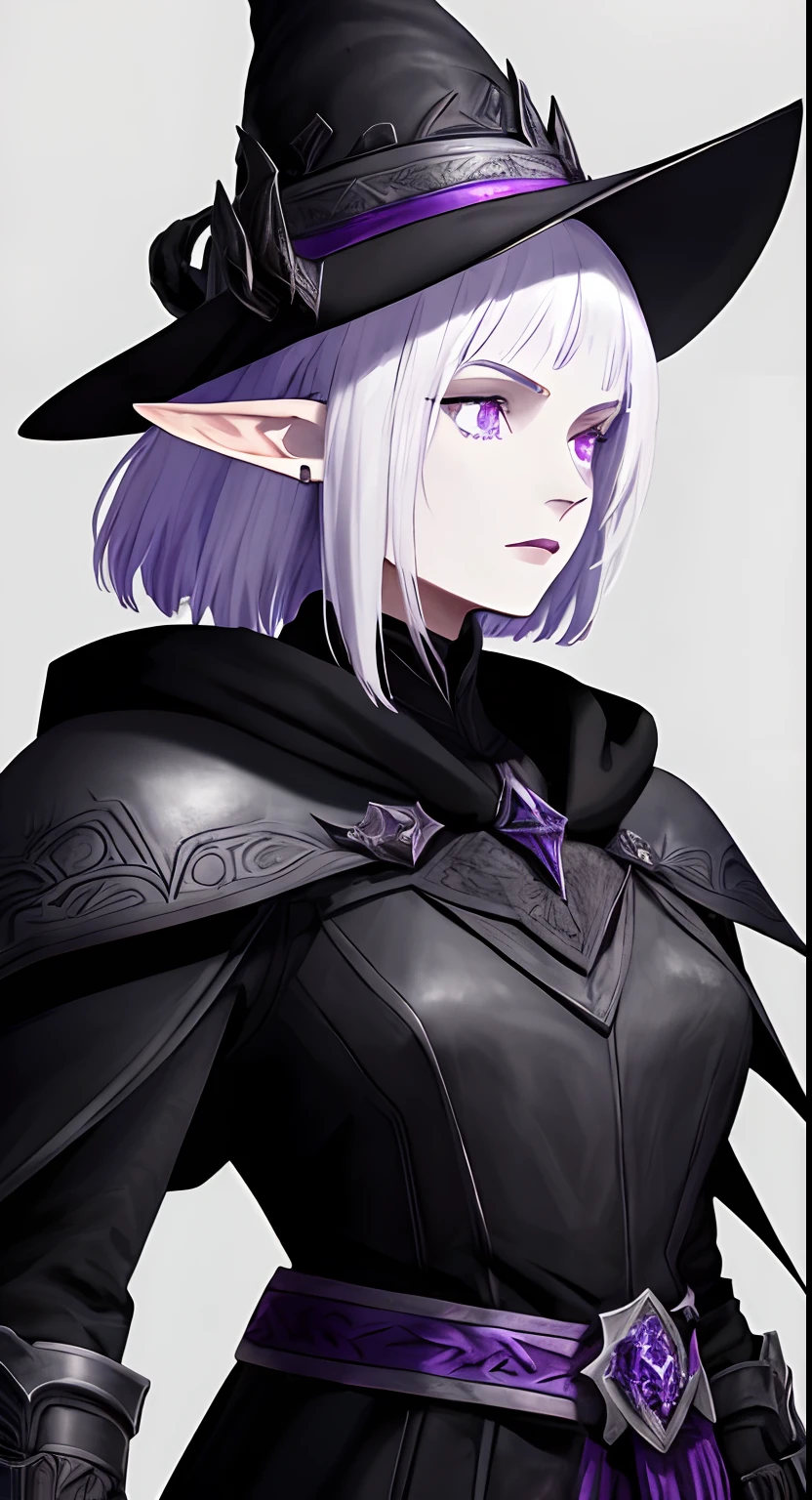 Female, Elf, Warrior, Heavy Leather Armor, Metalic Details, Intricate Details, Pale Skin, Pointy Ear, Short White Hair, Purple Pupils, Light Purple Skin, Black Mage Hat, Pointy Hat, Black Sword, Full Armor, Heavy Armor, Leather Armor, Black Robes, Warrior Vests, Black Cloth, Drow, Dark Elf