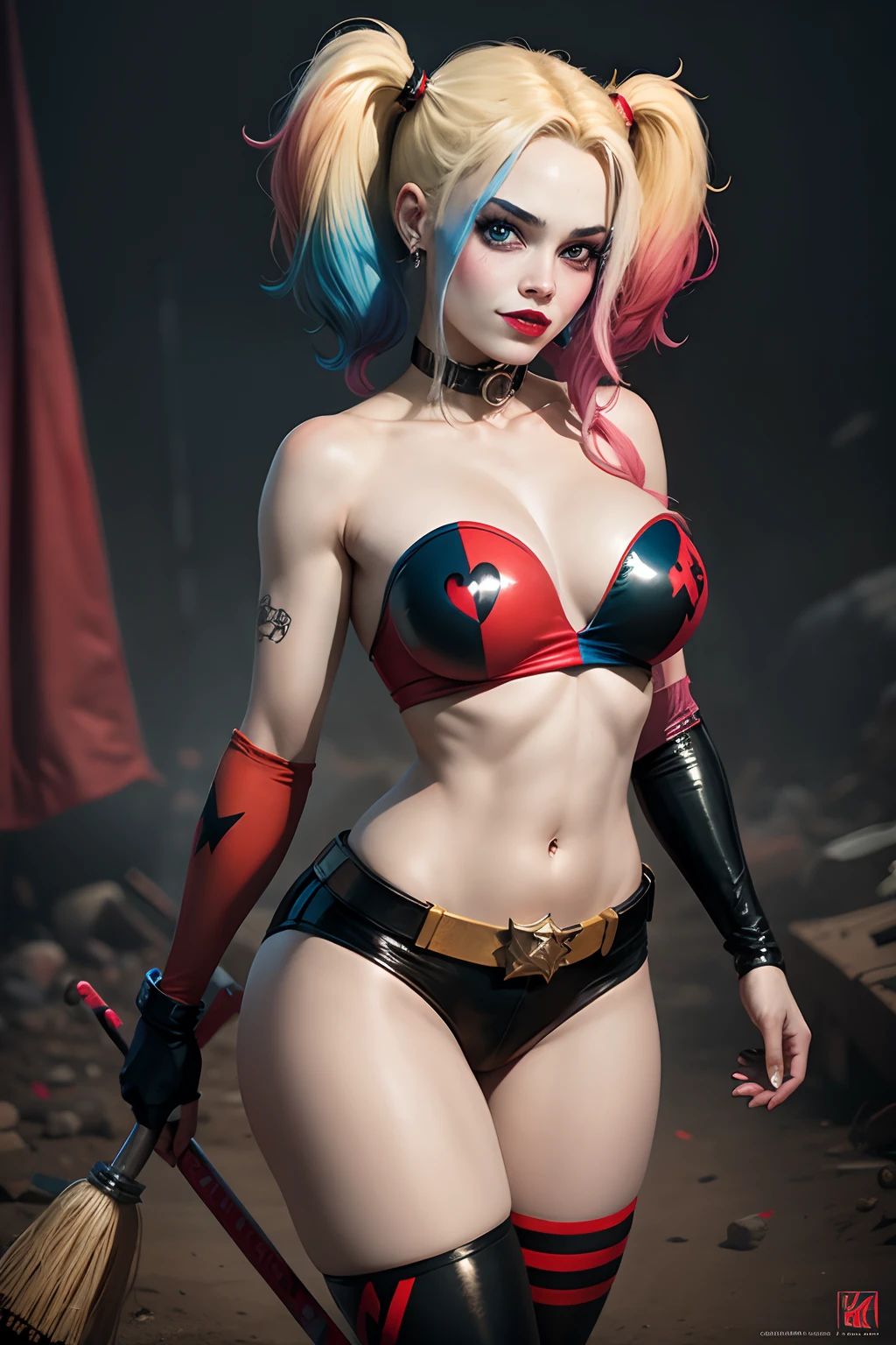 harley quinn, 17 anos, cabelo grande, taco de beisebol, fogo e caos