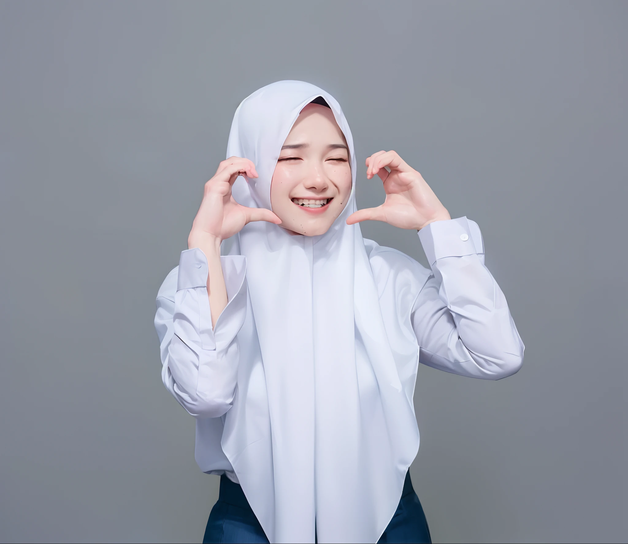 masterpiece, best quality, highly detailed, illustration, epic lighting, cinematic composition, isometric, 1girl, solo, cute, beautiful closed eyes, hijab covered hair, bright white hijab, long white girl shirt, gray skirt, formal, beautiful, cheerful pose, looking at the audience, sweet smile, standing