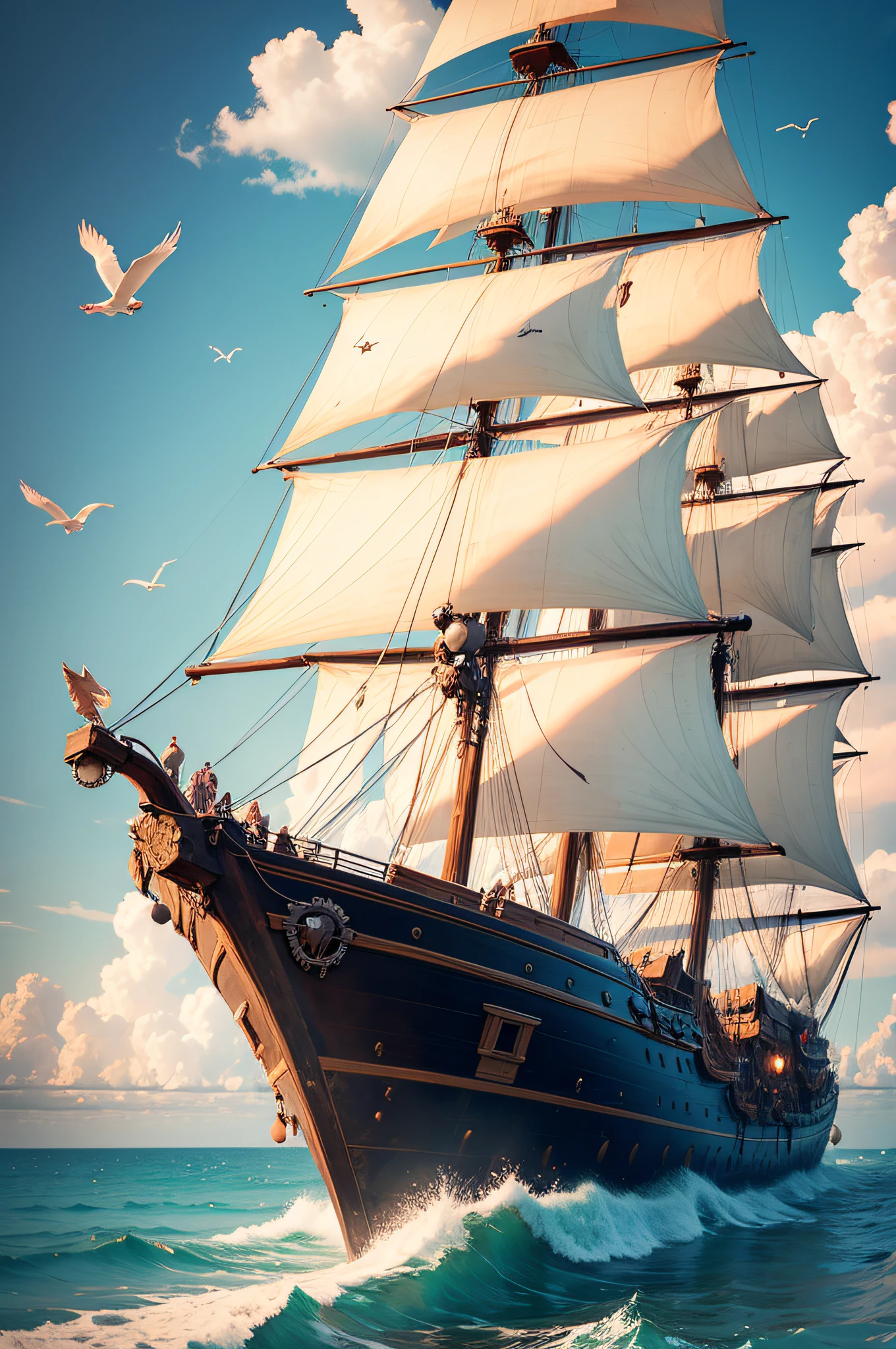( no human) pirate ship in the background, ocean, lent, soft colors, birds