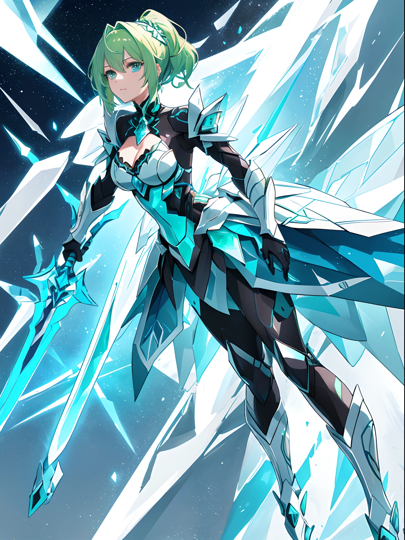 Cartoon image of a woman with a sword and a green dress, sleek glowing armor, Ice crystal armor, style of ghost blade, black and cyan color scheme, this character has cryokinesis, sliver ice color reflected armor, neon armor, shadow armor, with leviathan axe, cel shadow, clear outfit design, a blonde emerald warrior