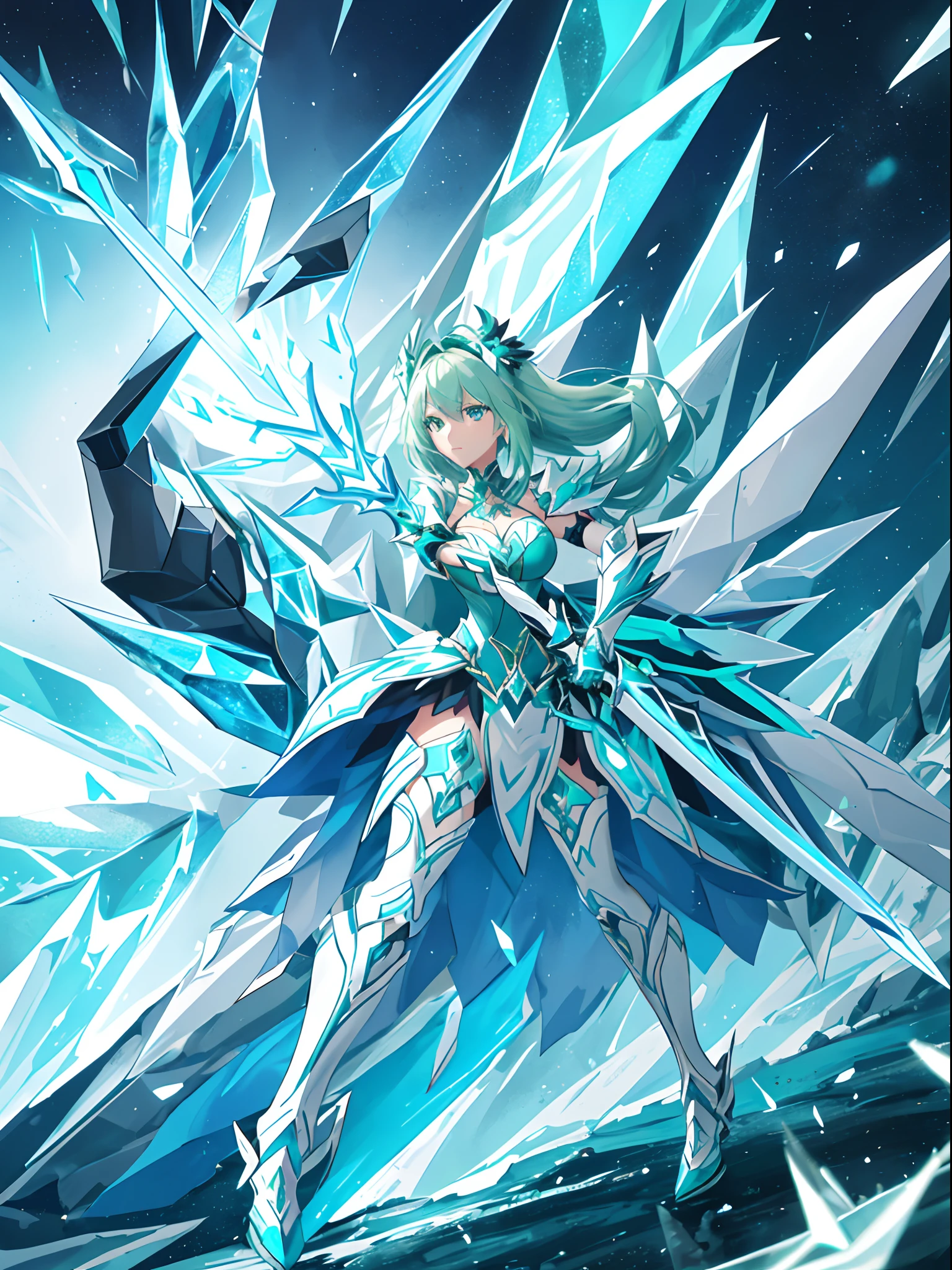 Cartoon image of a woman with a sword and a green dress, sleek glowing armor, Ice crystal armor, style of ghost blade, black and cyan color scheme, this character has cryokinesis, sliver ice color reflected armor, neon armor, shadow armor, with leviathan axe, cel shadow, clear outfit design, a blonde emerald warrior