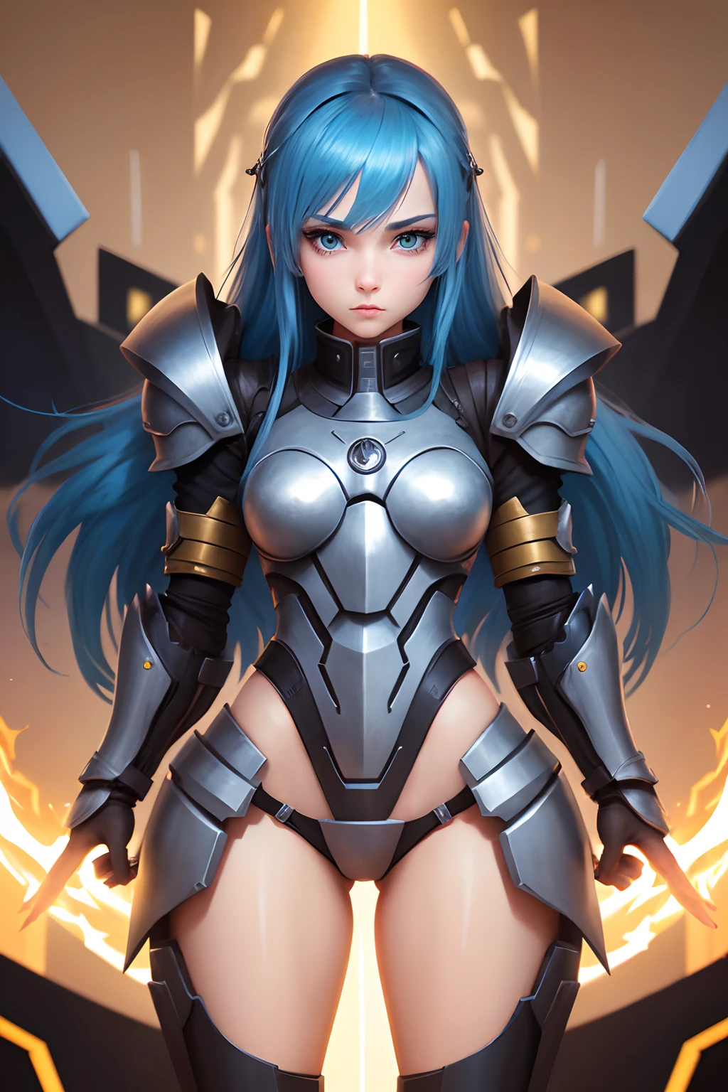 1 girl, blue hair, gold eyes, wearing battle armor, city, high res, ultra sharp, 8k, masterpiece, easynegative, extra fingers, fewer fingers, (low quality, worst quality:1.4), (bad anatomy), (inaccurate limb:1.2), bad composition, inaccurate eyes, extra digit, fewer digits, (extra arms:1.2), watermark, copyright, signature, logo, nsfw, chromic aberration