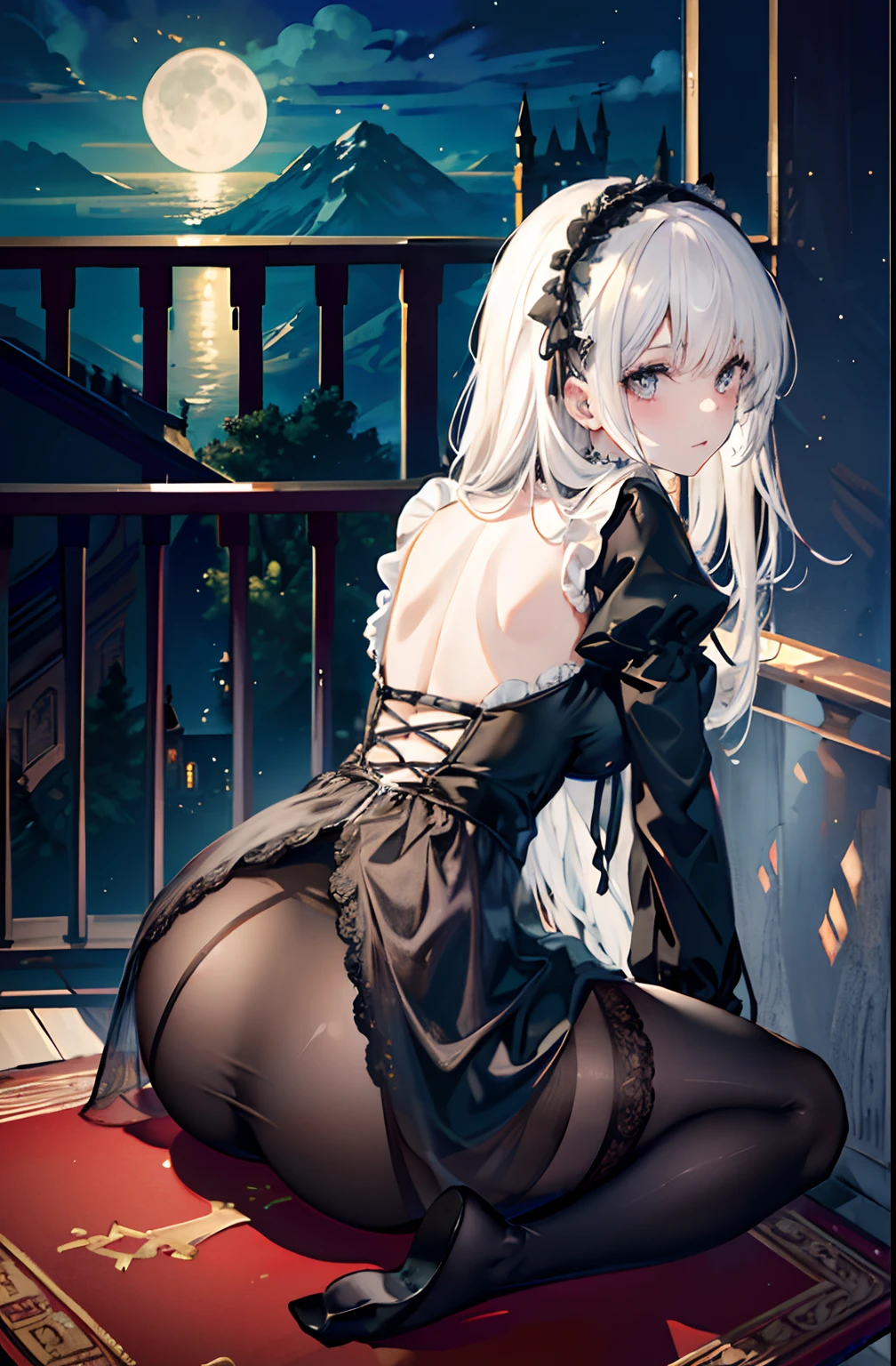 (best quality:1.3),(masterpiece:1.1),(illustration:1.2),(ultra-detailed:1.2),beautiful detailed eyes,(Gothic:1.2), (Extremely detailed background:1.1),(forest:1.2),(mountain), night, moon,castle on the distant mountain, (bent over:1.3),(butt:1.2),looking back, (raise butt:1.2),(close to the butt:1.3), (1girl in Balcony:1.4),Balustrades on balcony,(wariza:1.2),(sitting:1.3) (1girl:1.3),(solo:1.3),(white hair),(long hair:1.1),full body,black stocking, tulle,dress,Bodysuit,back cutout,clothing cutout,