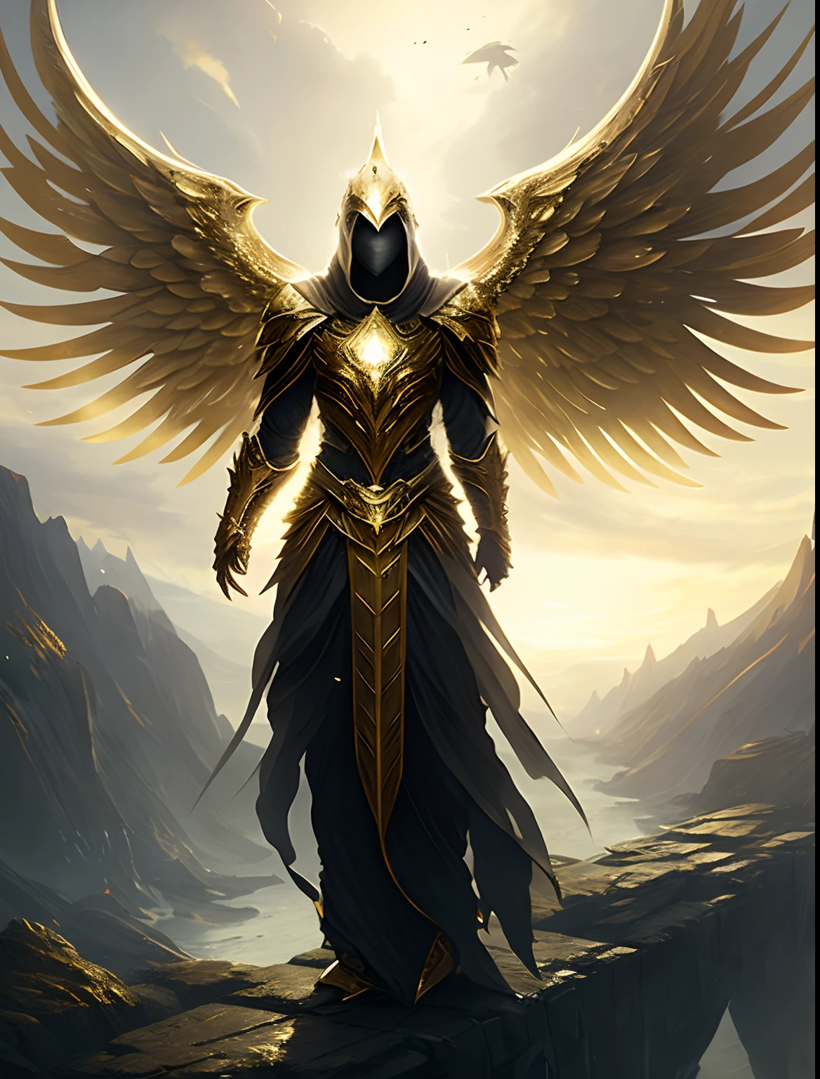 Golden armored angel, wings made of energy, metal halo, no face, hooded, gold, fantasy, concept art, ultra realistic, character art by greg rutkowski