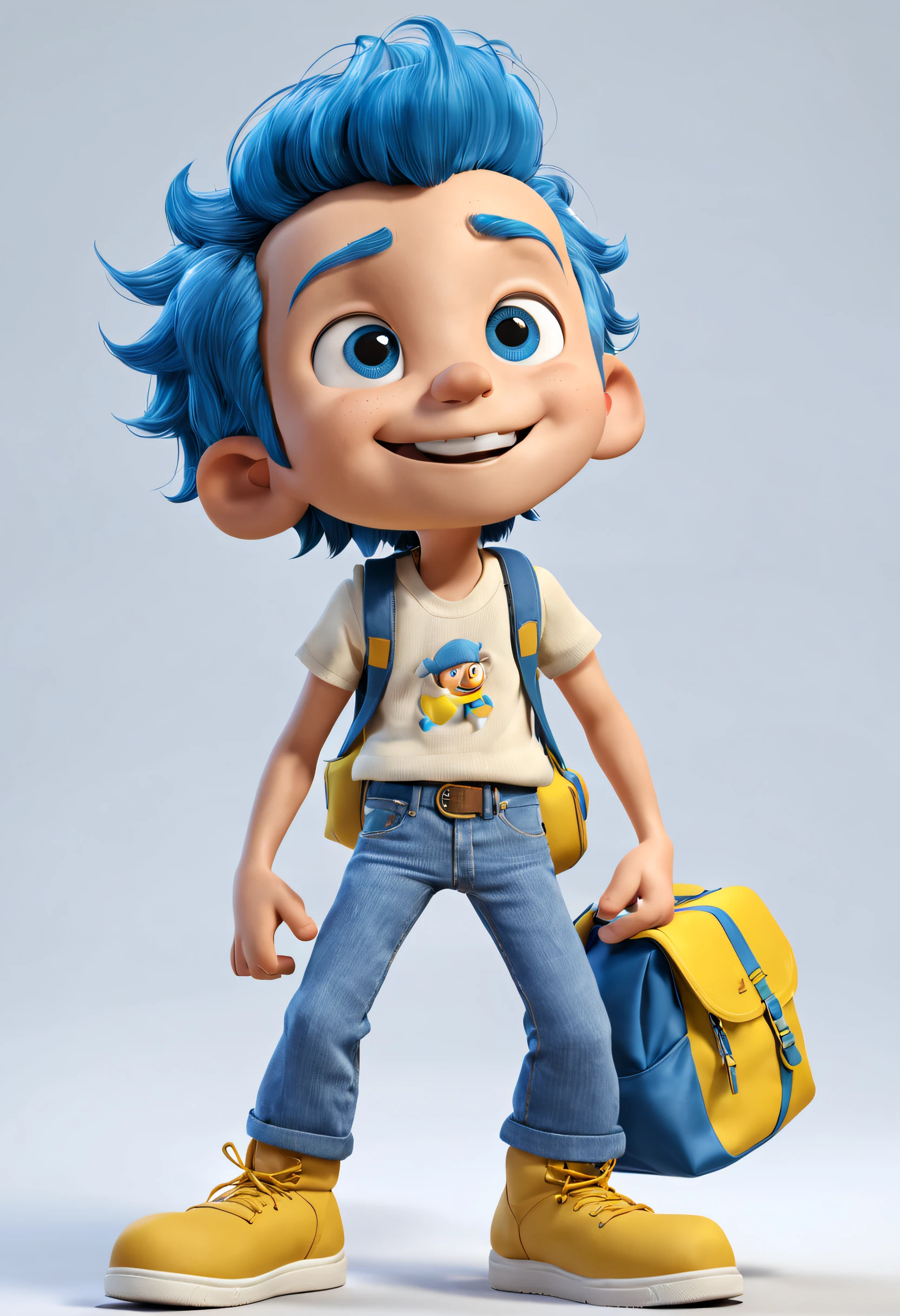 a happy cute boy standing blue hair  , vestindo amarelo com mochila fundo branco, barnet, , Estilo Pixar, ..3d, desenhos animados, rosto detalhado,