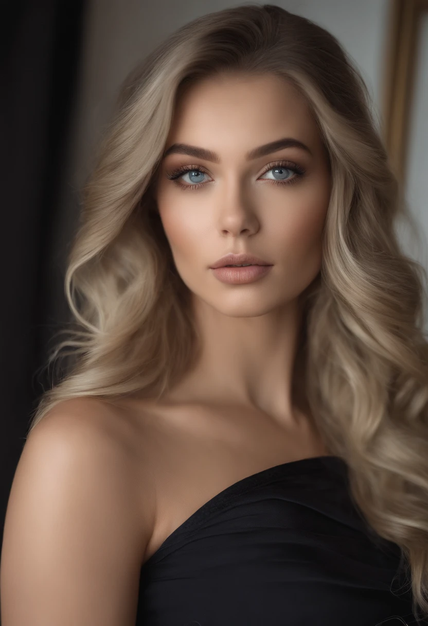 Arafed woman completely , fille sexy aux yeux bleus, ultra realist, Meticulously detailed, Portrait Sophie Mudd, cheveux blonds et grands yeux, selfie of a young woman, Yeux de chambre, Violet Myers, sans maquillage, maquillage naturel, looking straight at camera, Visage avec Artgram, Maquillage subtil, Superbe photo du corps entier dans une chambre, in the bedroom, Medium to large bust, lingerie en soie noire