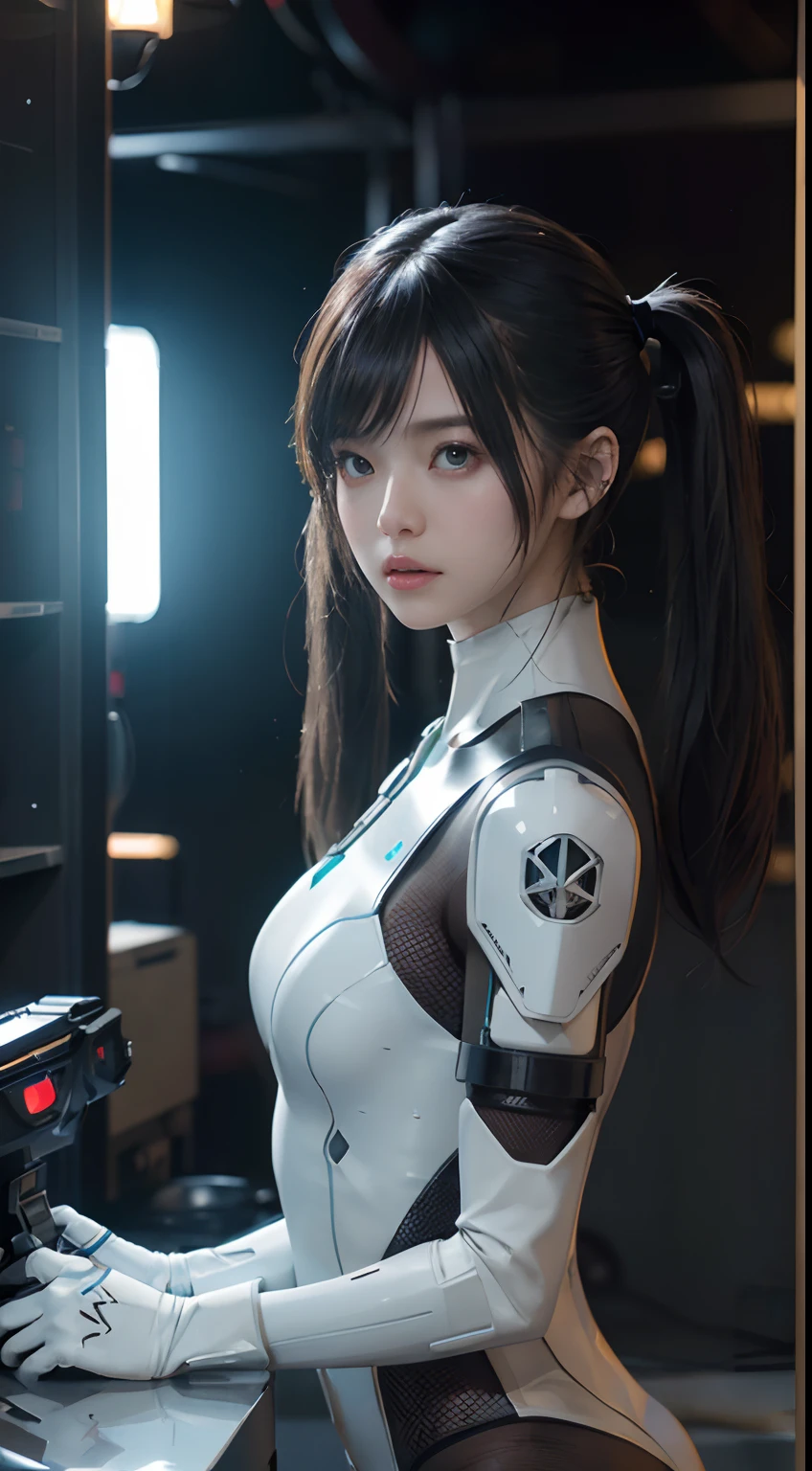 ((top-quality)), ((masterpiece)), ((realisitic)), ((twintails hairstyle)),(detaileds), (Photorealsitic:1.5), Future Girl, japanes,(very slender body), (White bodysuit), 14years,Height 143cm,lights on armor, Cybernetic Headwear, Exposure of the abdomen,Looking at the camera, dynamicposes, scientific fiction, nffsw, Ray traching, NVIDIA RTX, Hyper-Resolution, Unreal 5, Sub-surface scattering, PBR Texturing, post processed, Anisotropy Filtering, depth of fields, Maximum clarity and sharpness, thirds rule、8K Raw、(Luminescent particles:1.4)、(extremely details CG、Unity 8k Wallpapers、。.。.。.3D、lighting like a movie、lensflare)、Reflectors、foco nítido、Cyberpunk Art、Cyberpunk architecture、