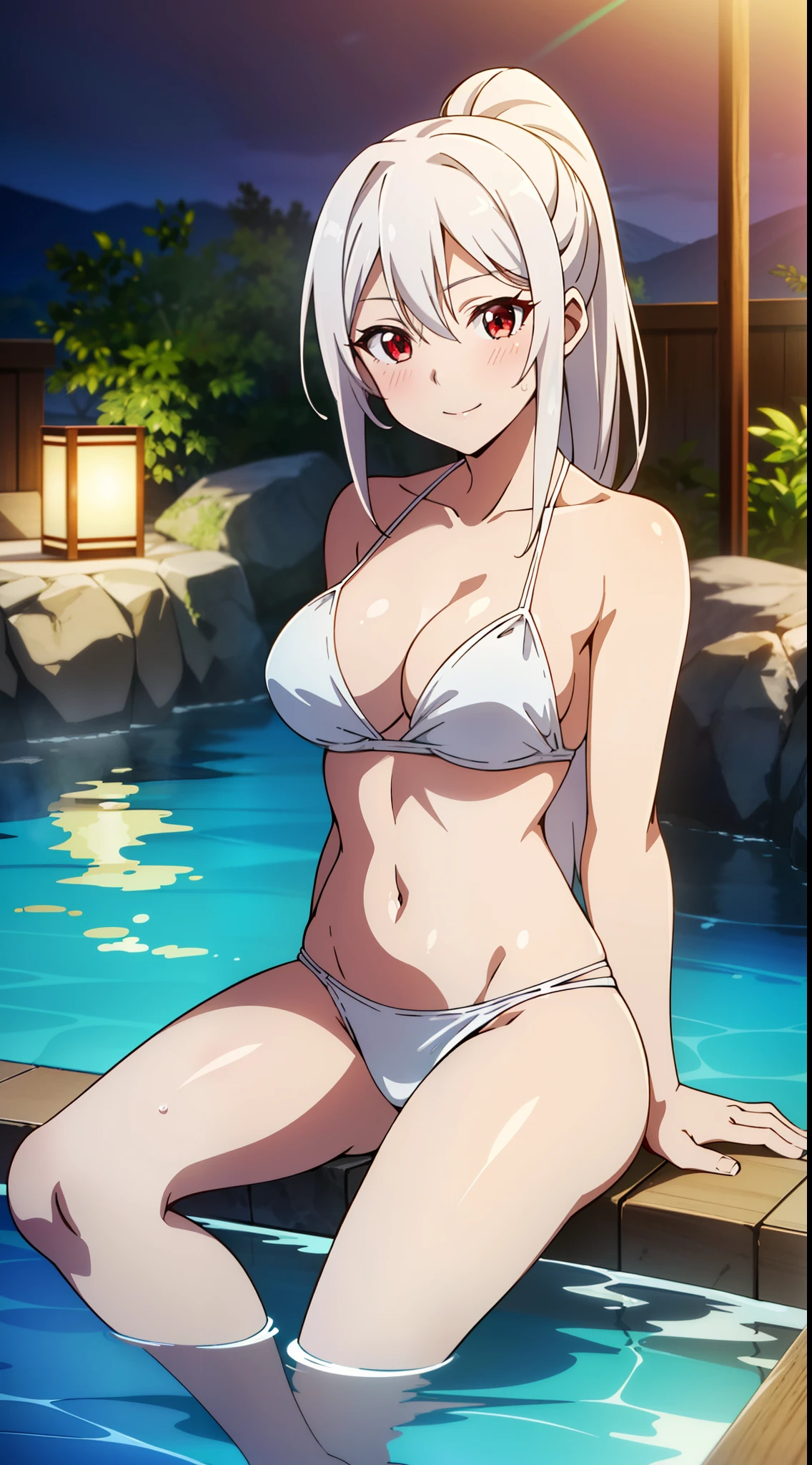 2D, HD, Detailed details, top-quality, Highly detailed, masterpiece, best quality, highres, solo, 1girl, Irisphilia, long hair, looking at viewer, red eyes, hair between eyes, closed mouth, ponytail, white hair, anime styled, breast, teen, blush, navel, nighttime, body, arms behind back, cleavage, tits, armpits, smile, onsen, wet, partially submerged, water, sit, bathing, Take a dip