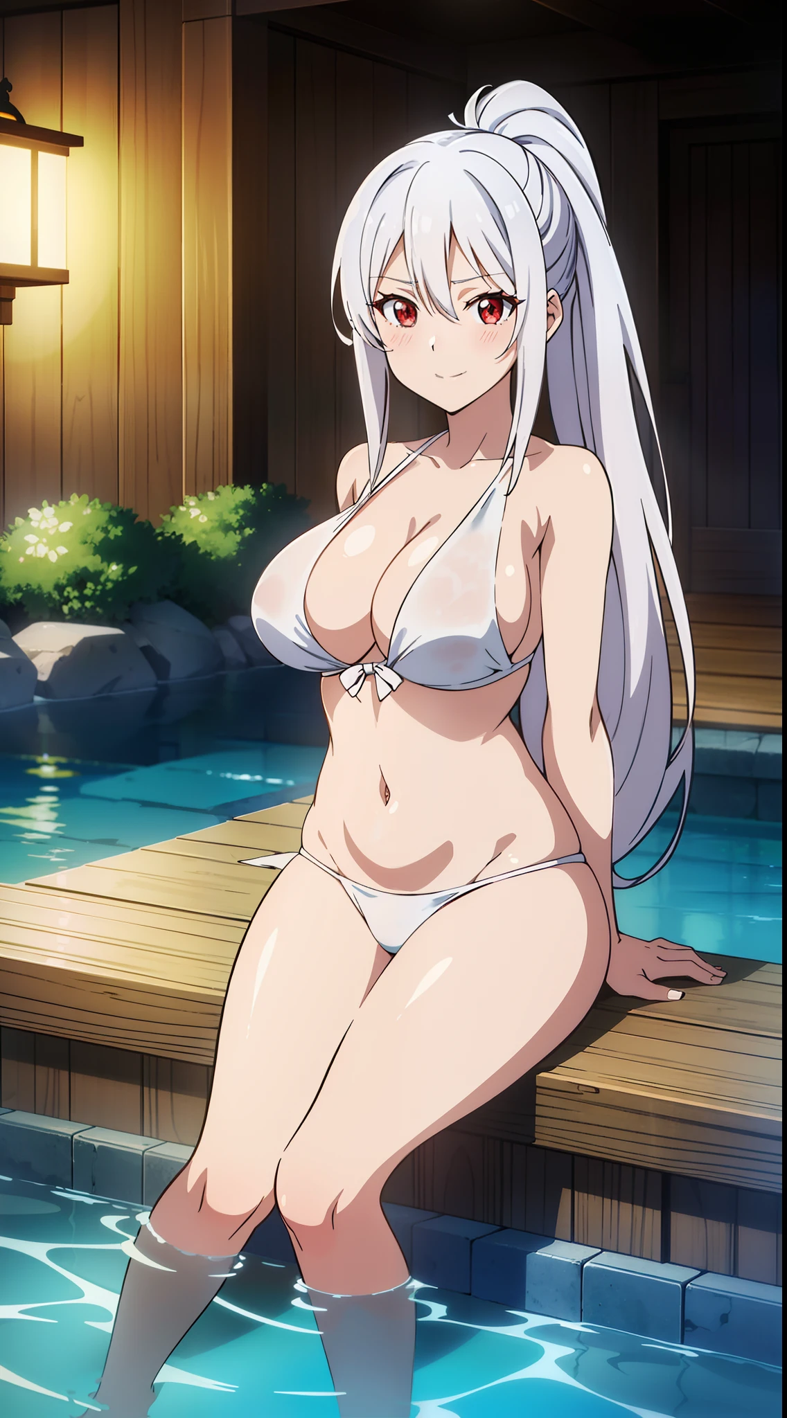 2D, HD, Detailed details, top-quality, Highly detailed, masterpiece, best quality, highres, solo, 1girl, Irisphilia, long hair, looking at viewer, red eyes, hair between eyes, closed mouth, ponytail, white hair, anime styled, breast, teen, blush, navel, nighttime, body, arms behind back, cleavage, tits, armpits, smile, onsen, wet, partially submerged, water, sit, bathing, Take a dip