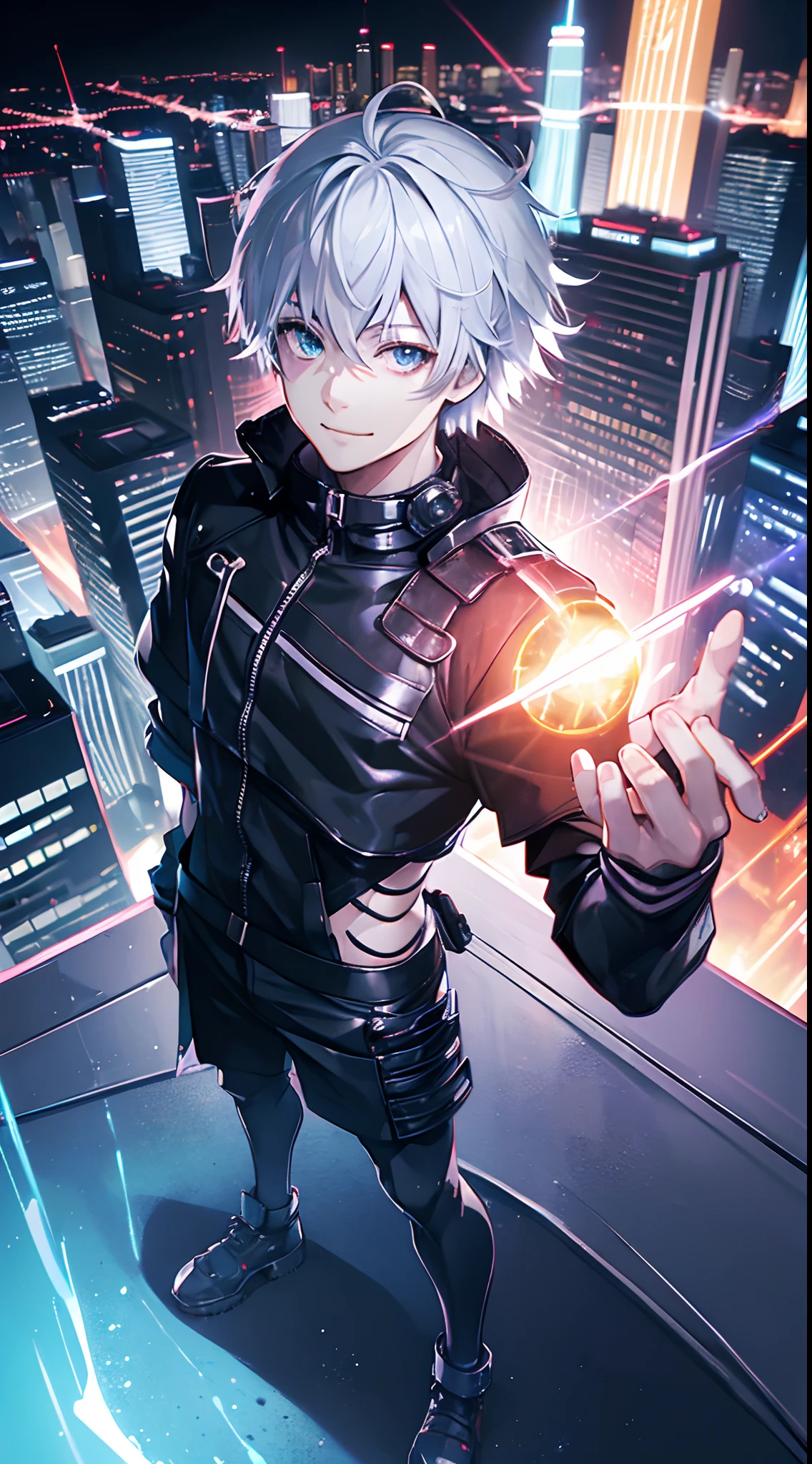 (Man), (Anime Character), (Solo), A man, anime style with messy silver hair, dressed all in black, standing on top of a tall building, full body photo, bright blue eyes, smile, urban background and building lights, electric spark effect, dynamic lighting, vivid colors, detailed image tall, wide viewing angle.