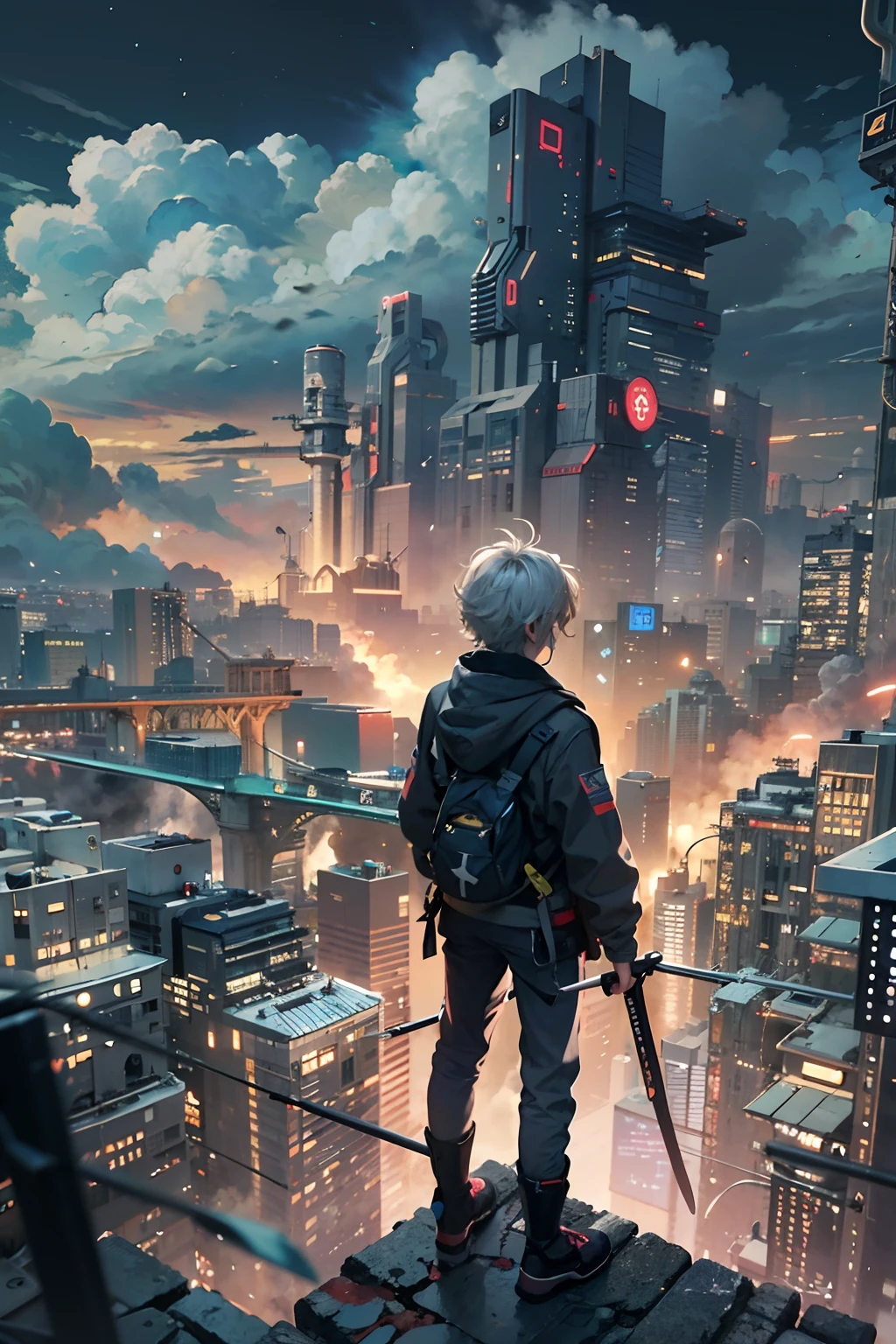 1boy,(a 13 yo boy:1.5)、Anime-style protagonist、Cyberpunk Boy、Black attire、silber hair、katanas,machine gun、Whole body bloody、Overhead view of the composition、The beginning of the adventure、Lots of clouds,heavy fog、Moon,Chaotic city of the future、dystopian、Dim lighting、Chaotic、Beautiful and fantastic scenery、Cinematic scenery、hightquality、masutepiece,in 8K、hight resolution、