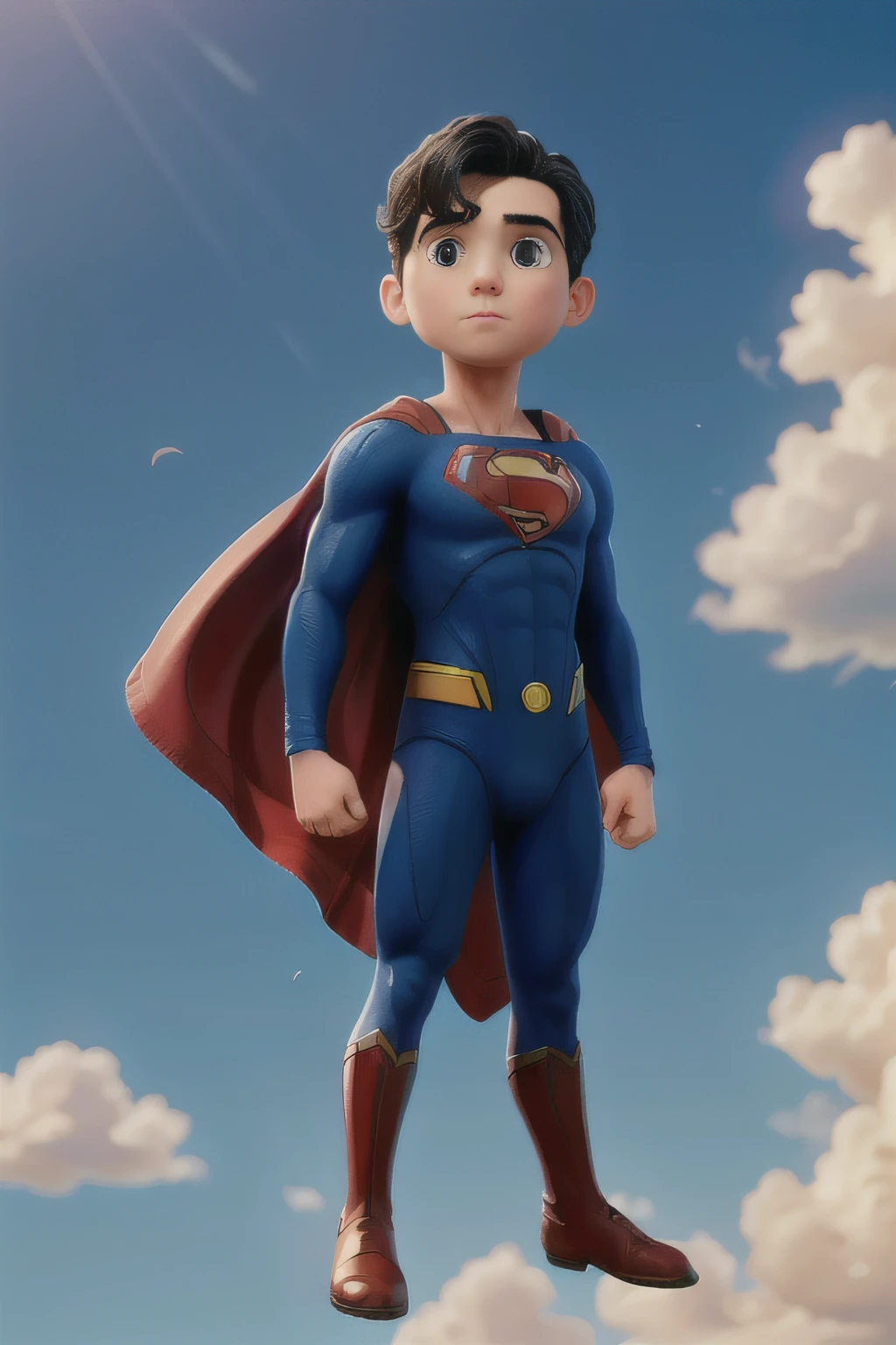 (requintadamente ultra detalhado) A realistic version of superman as a flying in the ultra-realistic blue sky