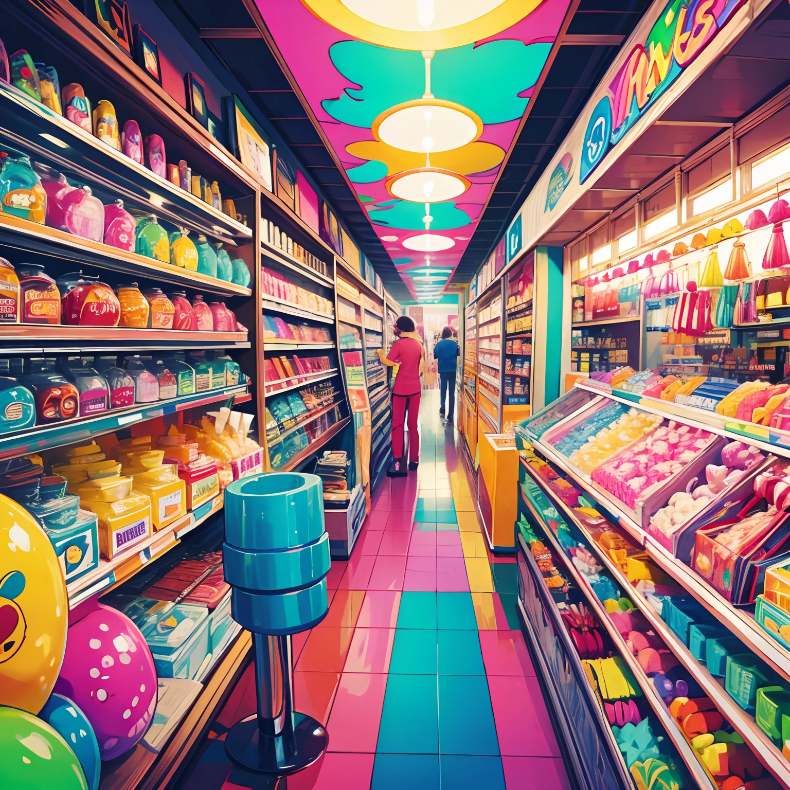 Funny Times Shop, a bright and colorful place with magic brushes flying around, people buying weird stuff.