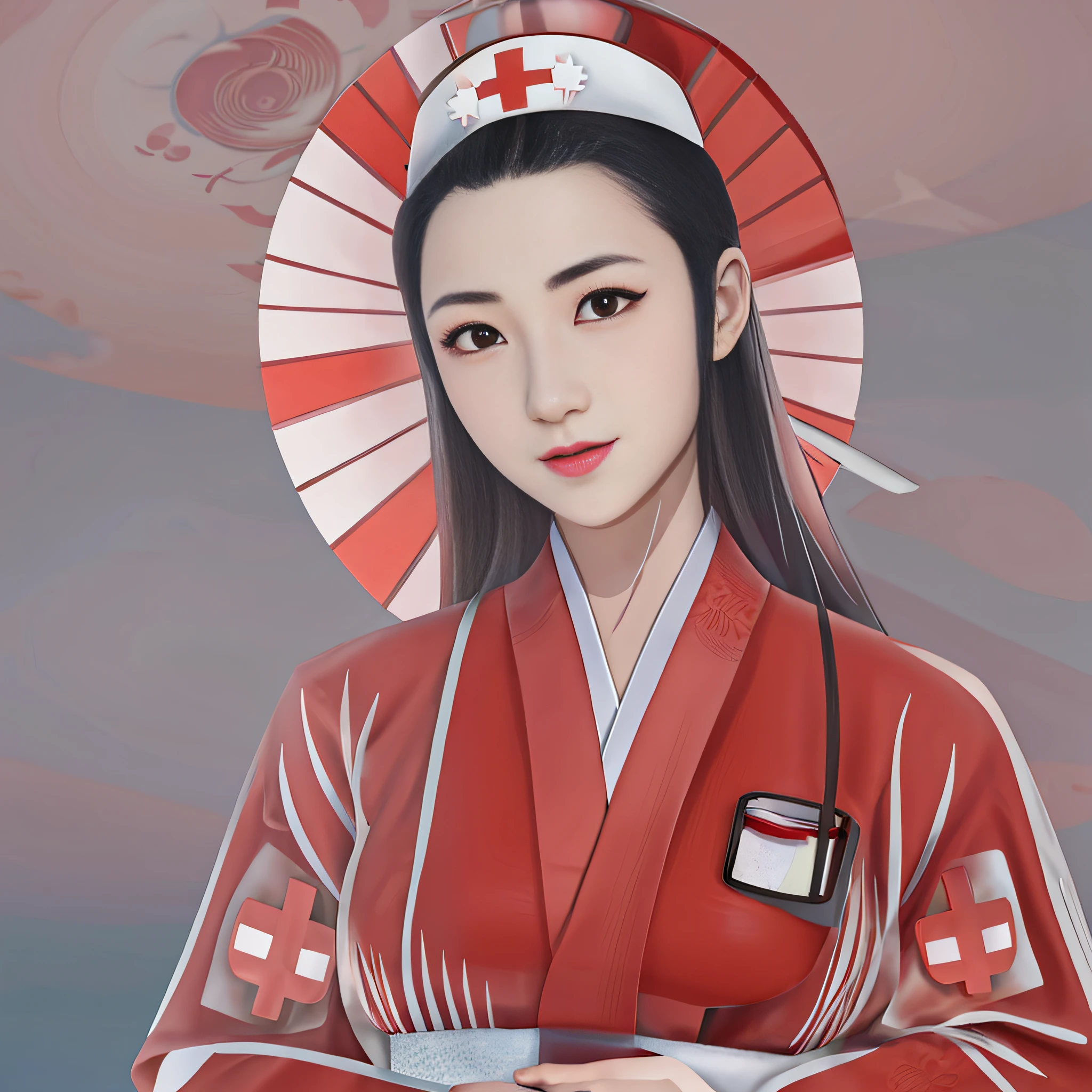 cartoon of a woman in a nurse's white kimono uniform, with red crosses adorned, wearing a white hat with a red cross printed on it, and with a red umbrella, inspired by Josetsu, nurse girl, Japanese goddess, inspired by Itō Shinsui , inspired by Koryusai Isoda, Japanese Woman, Nurse, Amaterasu, Shintoism, Mitsumayo, Japanese, in Japanese anime style, inspired by Kanō Sansetsu.