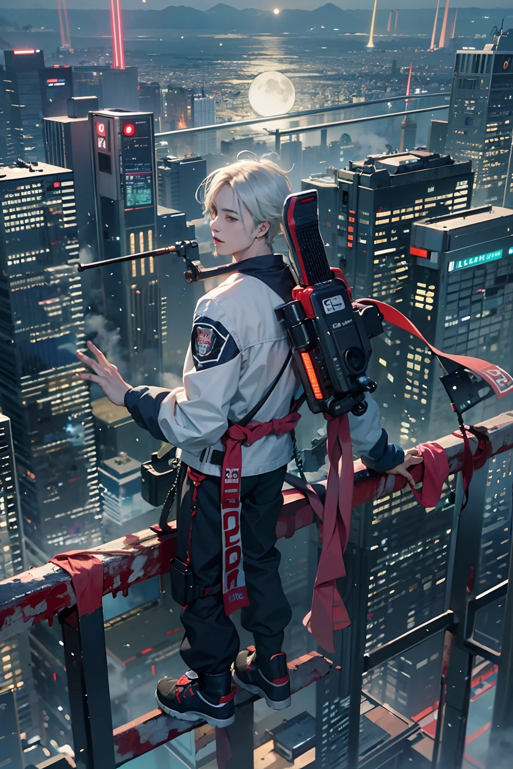 1boy,(a boy:1.5)、Anime-style protagonist、Cyberpunk Boy、Black attire、silber hair、katanas,machine gun、Whole body bloody、Overhead view of the composition、The beginning of the adventure、Lots of clouds,heavy fog、Moon,Chaotic city of the future、dystopian、Dim lighting、Chaotic、Beautiful and fantastic scenery、Cinematic scenery、hightquality、masutepiece,in 8K、hight resolution、