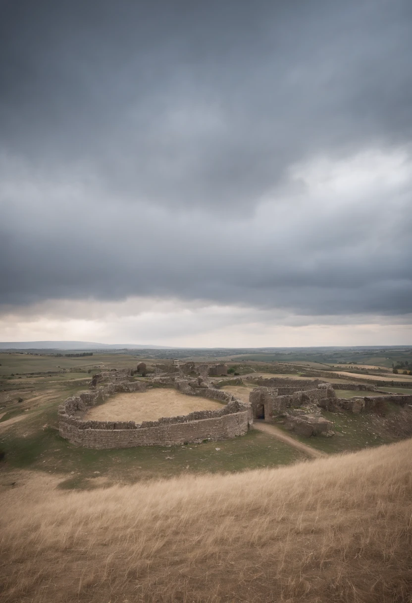 gray sky, Blue sky in the shape of a heart, The biblical city is in ruins due to the battle, The landscape is like a contrast of shining silver, Uma mulher olha para o terreno baldio