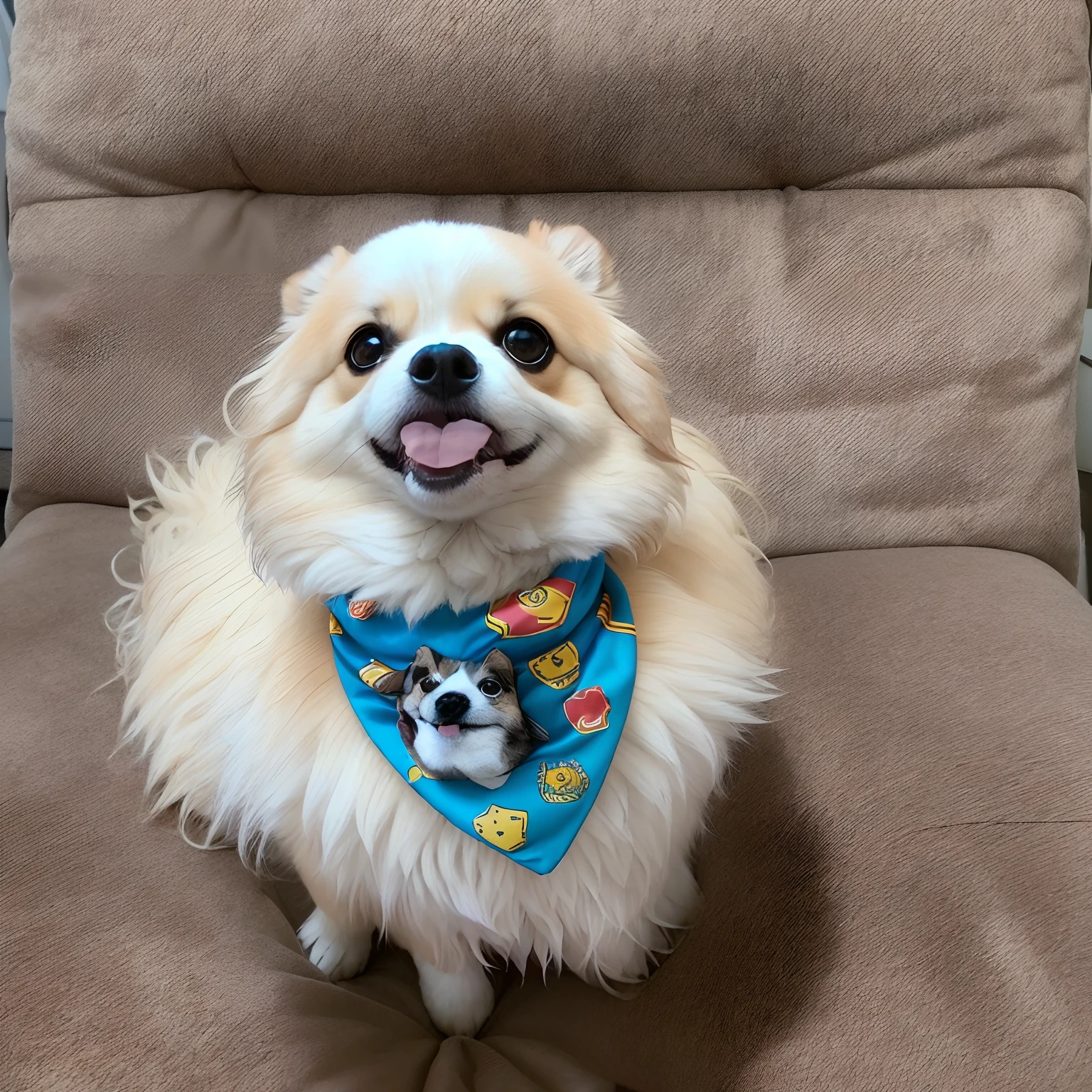 Araffe's dog sitting on a couch with a soccer ball bandana around his neck, Mistura Pomeriana, Pomeranian, he‘s wearing a red neckerchief, aw, Tomado com Sony Alpha 9, Dog cute, um bonito, he is very happy, peludo bonito precisa de sua ajuda, fluffy neck, very cute features, bandana, super cute and friendly, retrato de alta qualidade
