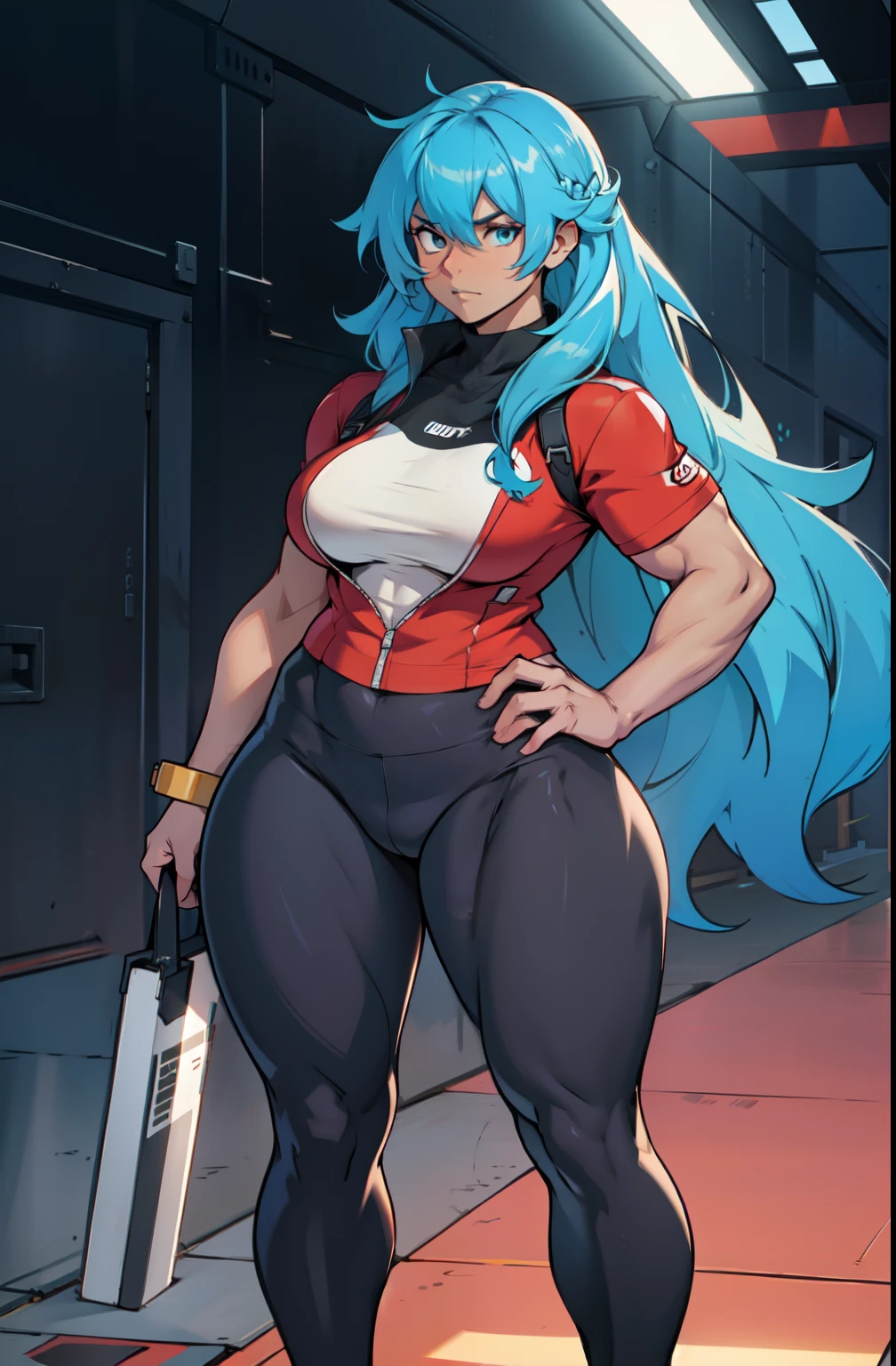 1girl, ((((extremely long hair)))), solo, ((((muscular)))), veins, red hair, red eyes, blushing, (thick thighs), pale skin, strong, veins, abs, (big thighs), (huge breasts), navel, standing, bodysuit, skintight, pilot suit, (((torn clothes)))