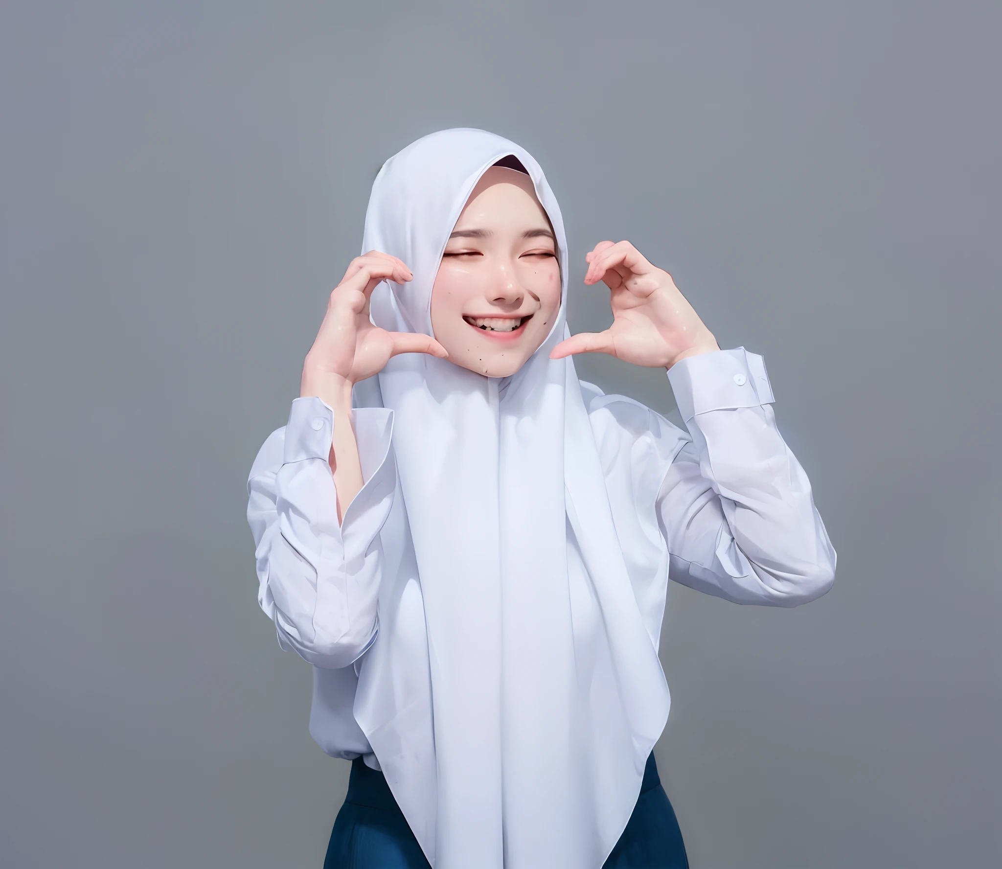 masterpiece, best quality, highly detailed, illustration, epic lighting, cinematic composition, isometric, 1girl, solo, cute, beautiful closed eyes, hijab covered hair, bright white hijab, long white girl shirt, gray skirt, formal, beautiful, cheerful pose, looking at the audience, sweet smile, standing, anime