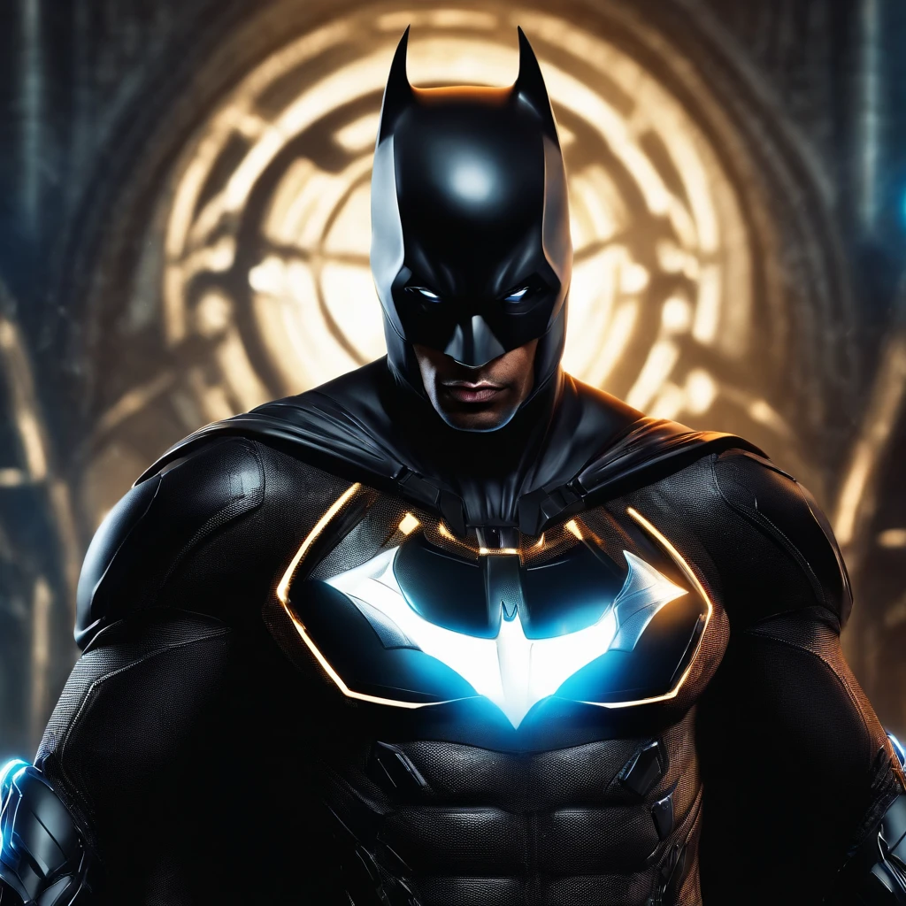 A realistic black Batman in an advanced cyber orb prima suit, con el rostro de cristiano ronaldo Alta calidad