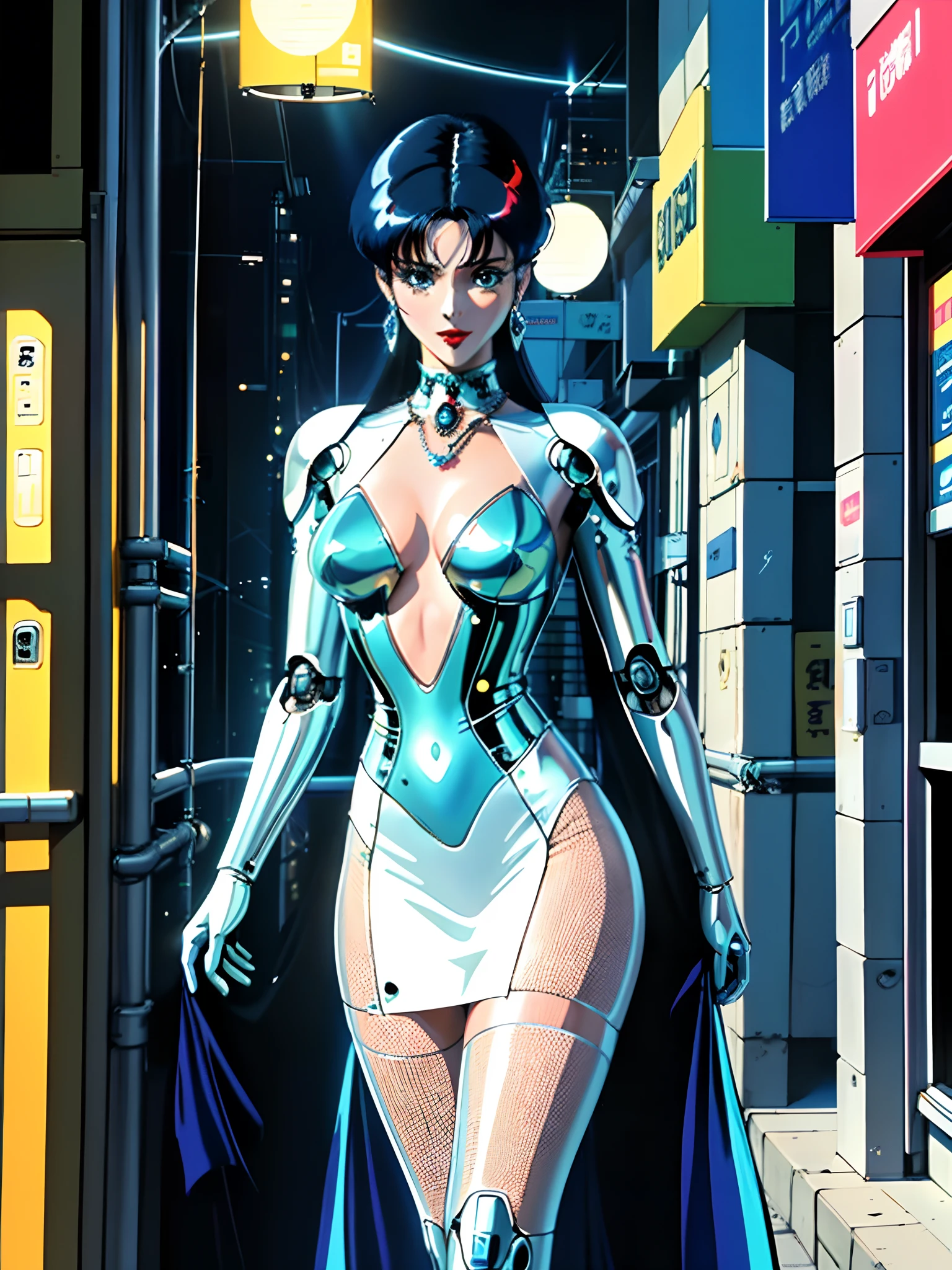 (gentle robotic) woman, (masterpiece), intricate details, retro, ((1999s anime)), ((best quality)), (bright colorful future city at night), (radiant long leather straps) iridescent [holographic metal tight], red buttoned device, iridescent metal, (diamond futuristic) jewelry, (red lips), translucent, tall thin, extremely detailed, covered, dynamic pose