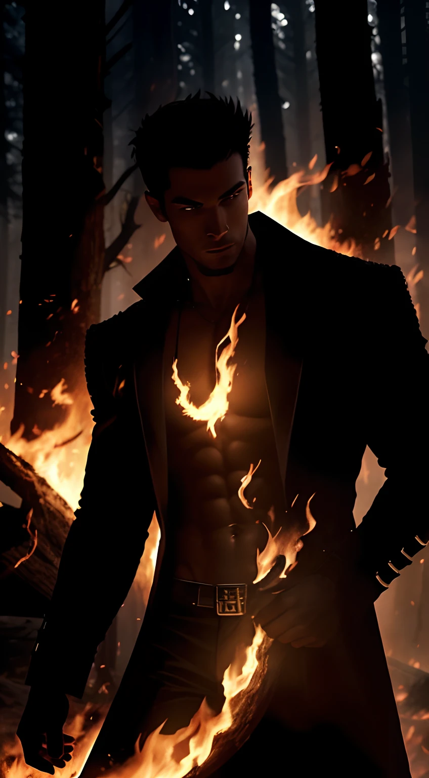 imaginar: closeup of a silhouette of a shirtless young villain, in black pants and black overcoat, his body imbued with fire and dark mist. Ao fundo, They have destruction and chaos and it's a black forest with tall black trees, A dark black mist surrounding the place, Fire on the Ground