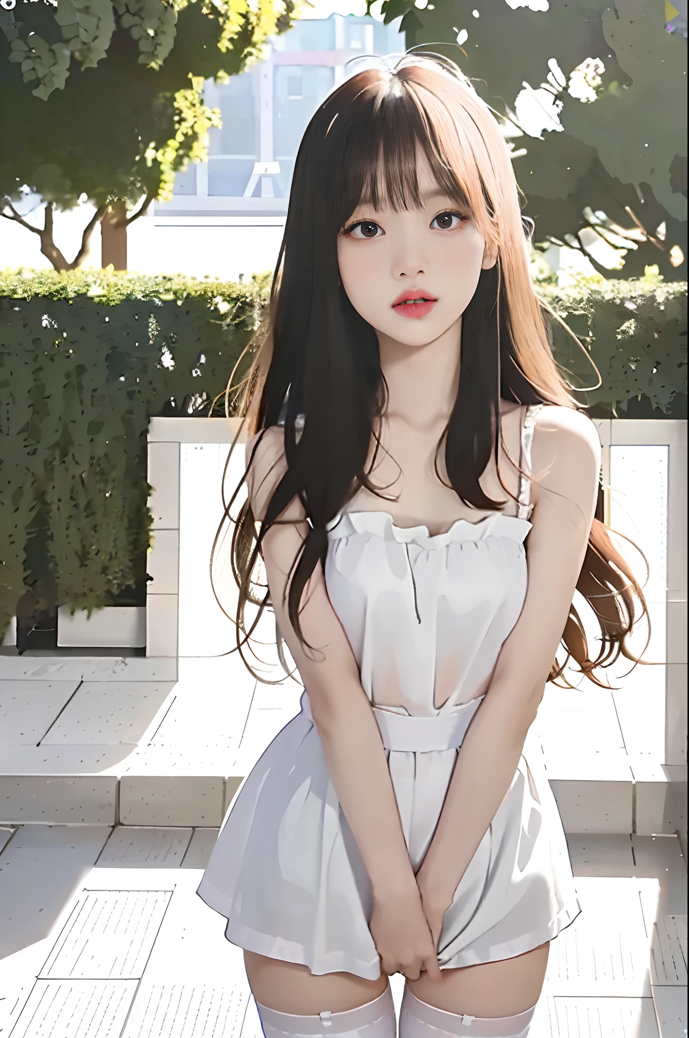 Lisa Blackpink, ((European pre-teen)), excited girl, tiny nightgown, white tights up to the waist, no panties, vagina with small hairs, close-up from thighs to face, shot from below, very fair skin, very long hair, wavy hair, blonde hair, Garden, sunrise, photorealistic, Indirect lighting, volumetric light, ray tracing, hyper-detailed, best quality, ultra-high resolution, HDR, 8k