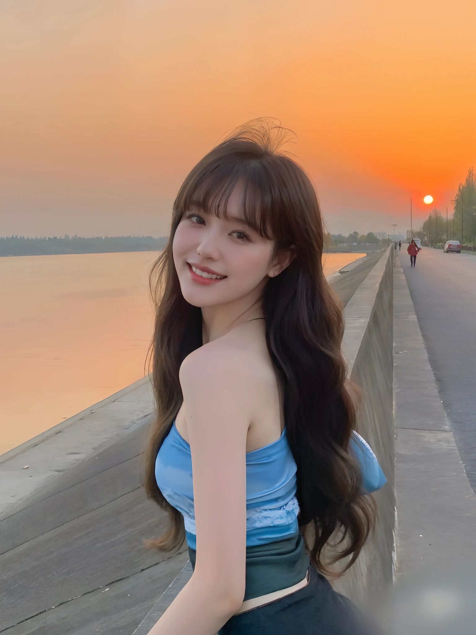 Arad woman in blue dress standing on the dock at sunset, With sunset, hot with shining sun, lalisa manobal, ulzzangs, xintong chen, Long hair with bangs, with a sunset, beautiful Korean women, jaeyeon nam, With long hair, With bangs, long whitr hair，Thick bangs, Brown hair long，By bangs