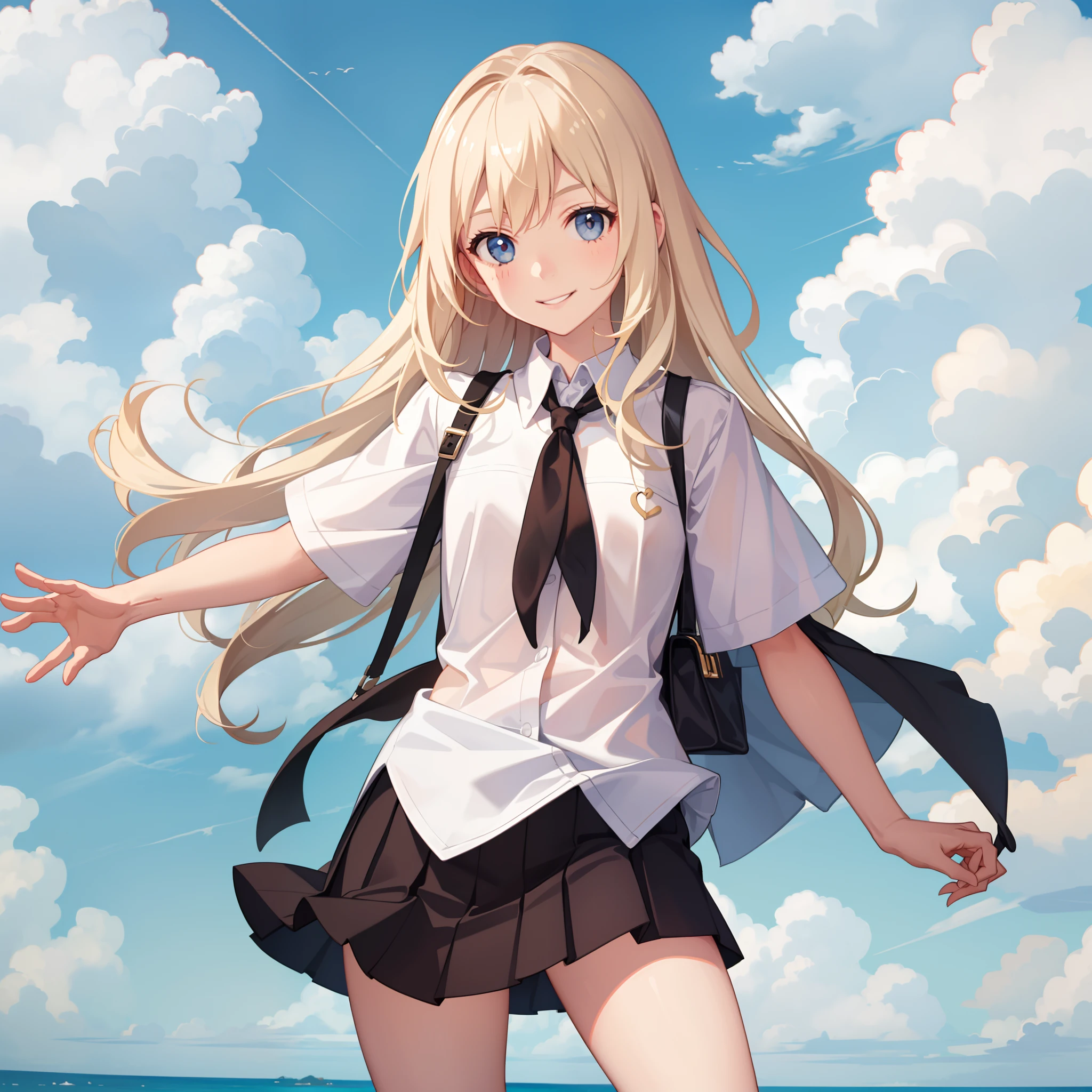 anime girl, 1 girl, shoulder length hair, blond hair, slightly chubby figure, tight white buttoned up shirt, big boobs, small smile, blue eyes, short stature, long red skirt, high quality, fine quality, late 20's, early 30's look