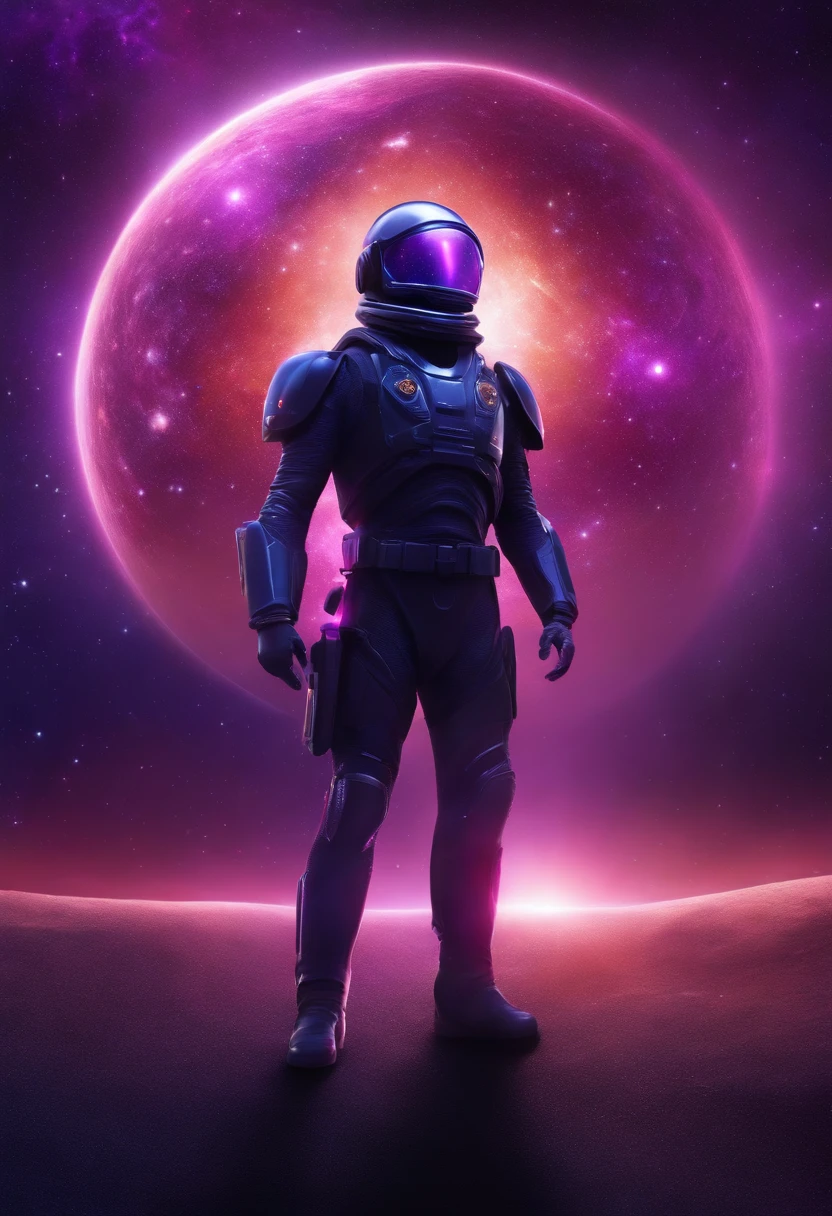 Create an image of a galactic police officer who takes the form of a purple ruby-like extraterrestrial being. Its translucent structure reflects the entire galaxy within, radiating a mysterious, cosmic aura. The deep purple body contrasts with the stars and constellations that appear to dance inside. Capture the ethereal and enigmatic presence of this unique fusion of an alien and the universe, embodying a galactic law enforcement role that challenges human understanding.